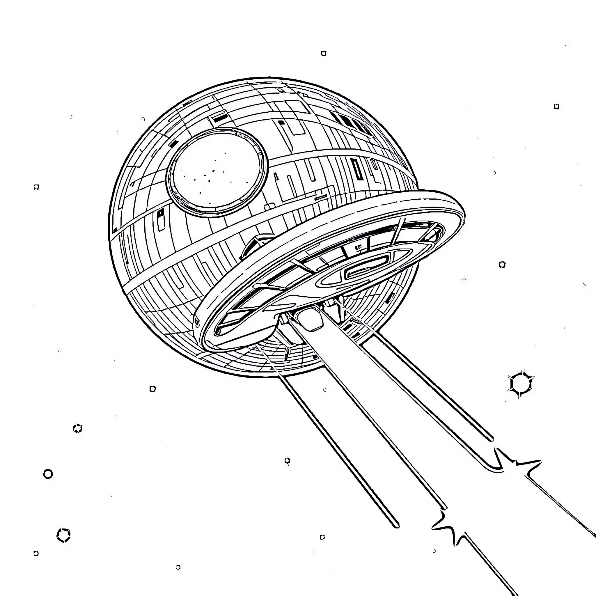 Starship firing destructive beam in space Coloring Page (free black-and-white line drawing printable PDF for all, from beginners to advanced learners, including children, teens, adults, and seniors)