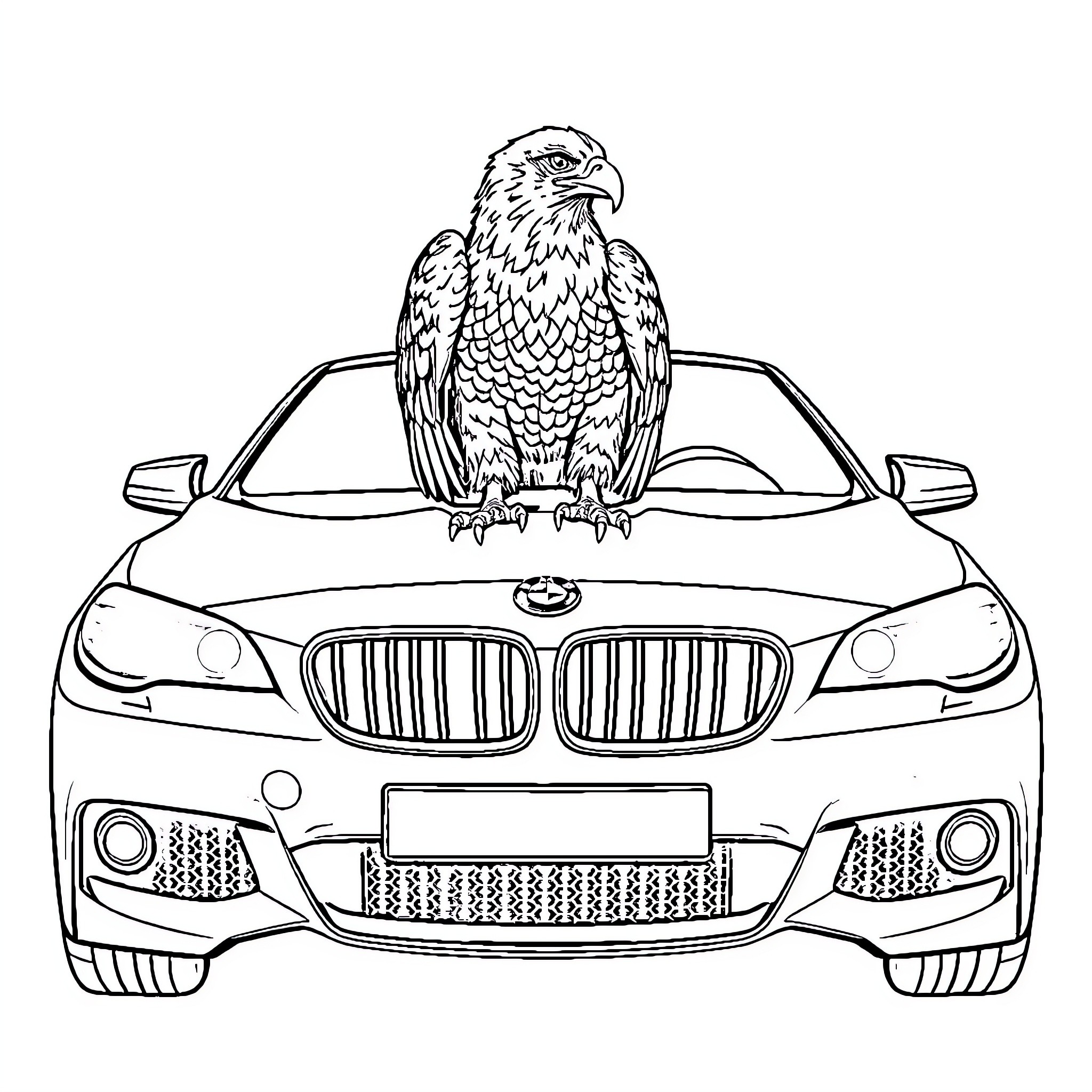 BMW with Majestic Falcon Perched on It Coloring Page (free black-and-white line drawing printable PDF for all, from beginners to advanced learners, including children, teens, adults, and seniors)