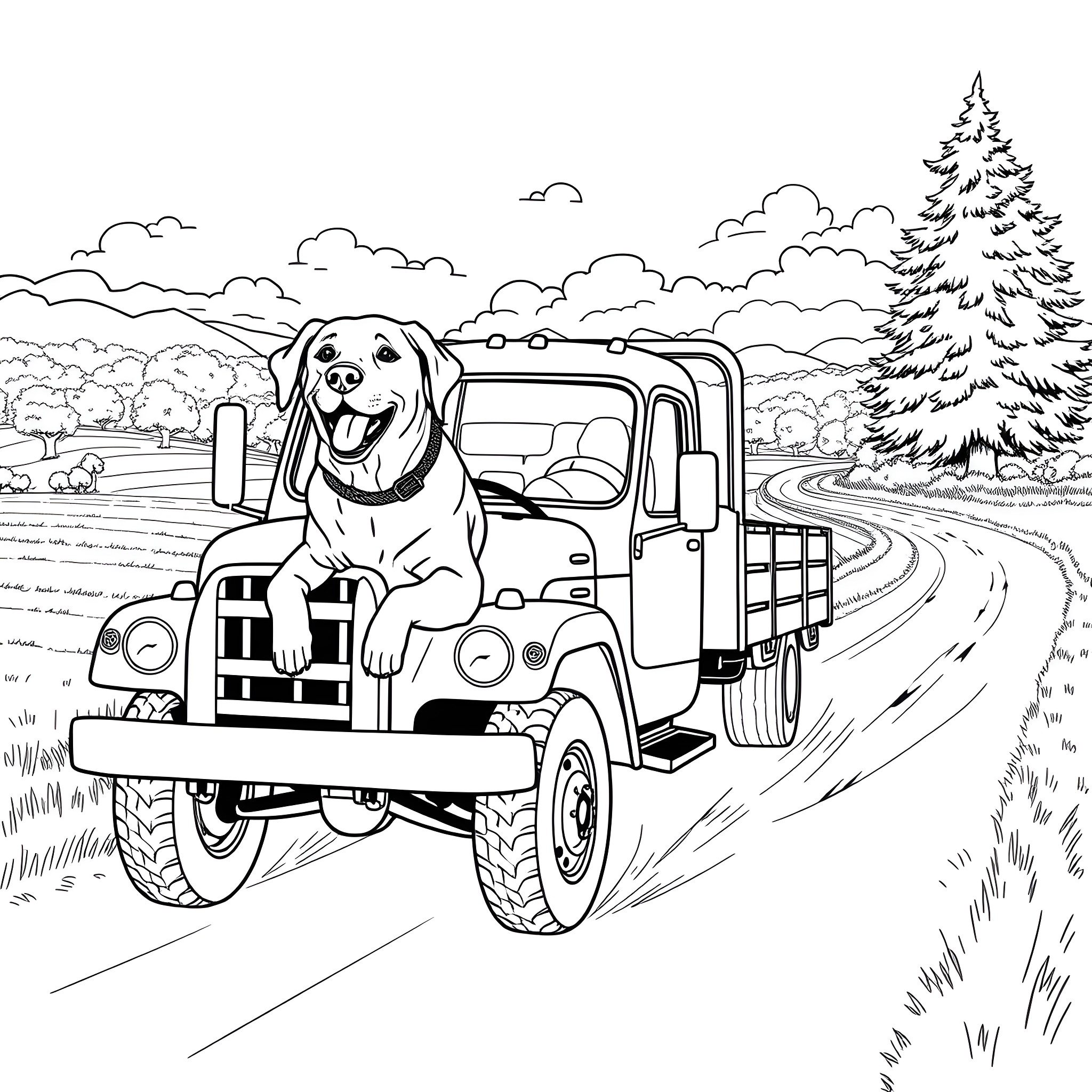 Labrador riding happily in a truck through the countryside Coloring Page (free black-and-white line drawing printable PDF for all, from beginners to advanced learners, including children, teens, adults, and seniors)