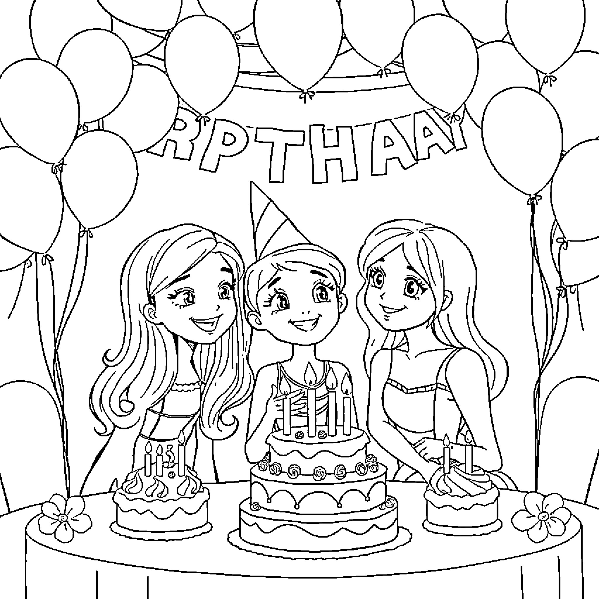 Iris Celebrates Birthday with Friends Coloring Page (free black-and-white line drawing printable PDF for all, from beginners to advanced learners, including children, teens, adults, and seniors)