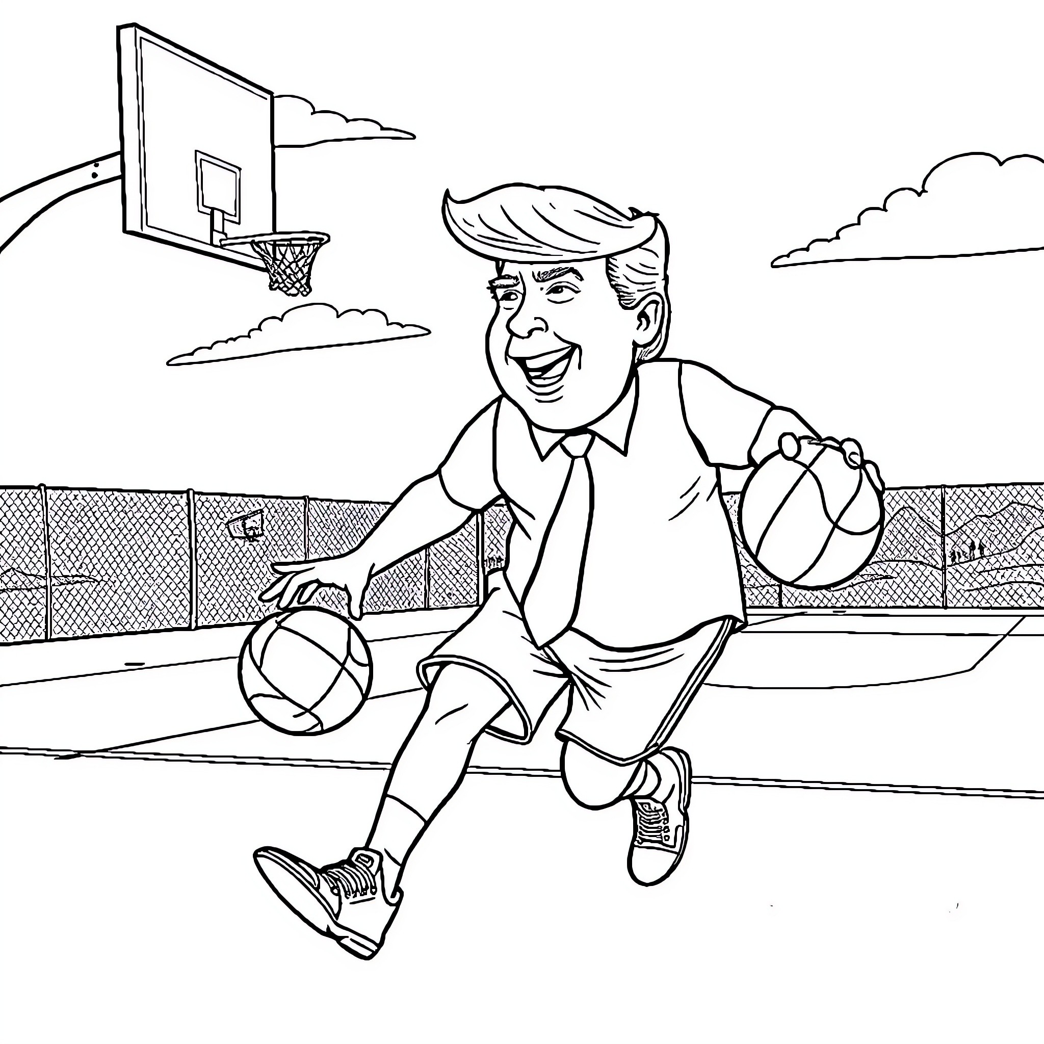 Trump playing basketball on the court Coloring Page (free black-and-white line drawing printable PDF for all, from beginners to advanced learners, including children, teens, adults, and seniors)