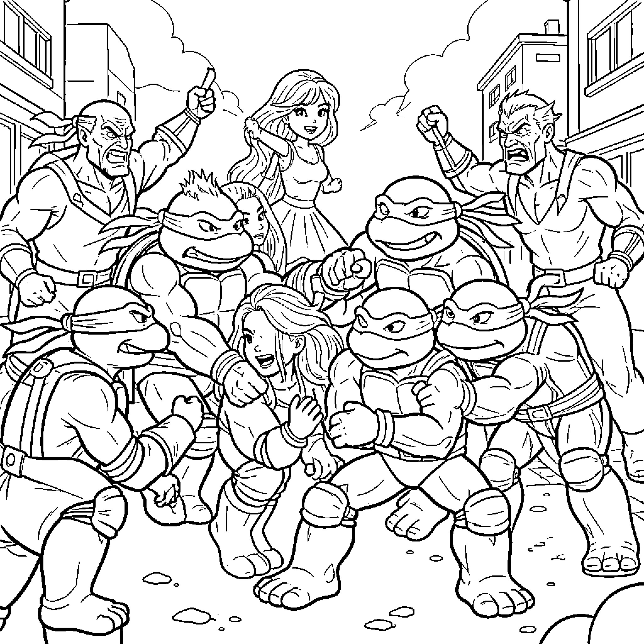 Ninja Turtles and friends in action-packed scene Coloring Page (free black-and-white line drawing printable PDF for all, from beginners to advanced learners, including children, teens, adults, and seniors)