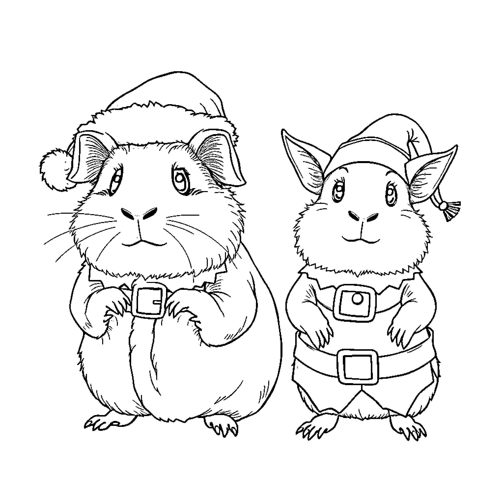 Guinea Pigs Dressed as Holiday Creatures Coloring Page (free black-and-white line drawing printable PDF for all, from beginners to advanced learners, including children, teens, adults, and seniors)