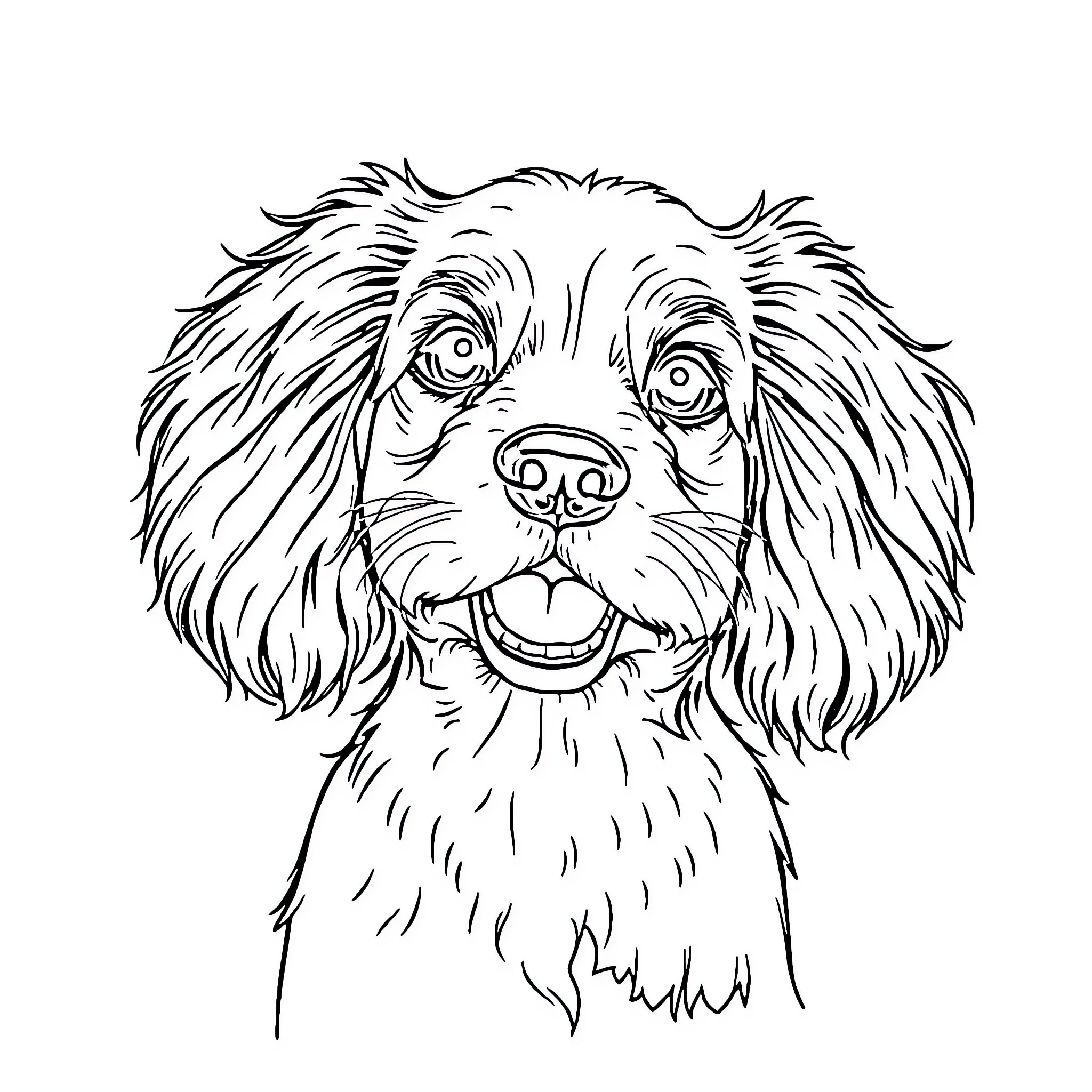Cocker Spaniel pup's happy expression Coloring Page (free black-and-white line drawing printable PDF for all, from beginners to advanced learners, including children, teens, adults, and seniors)