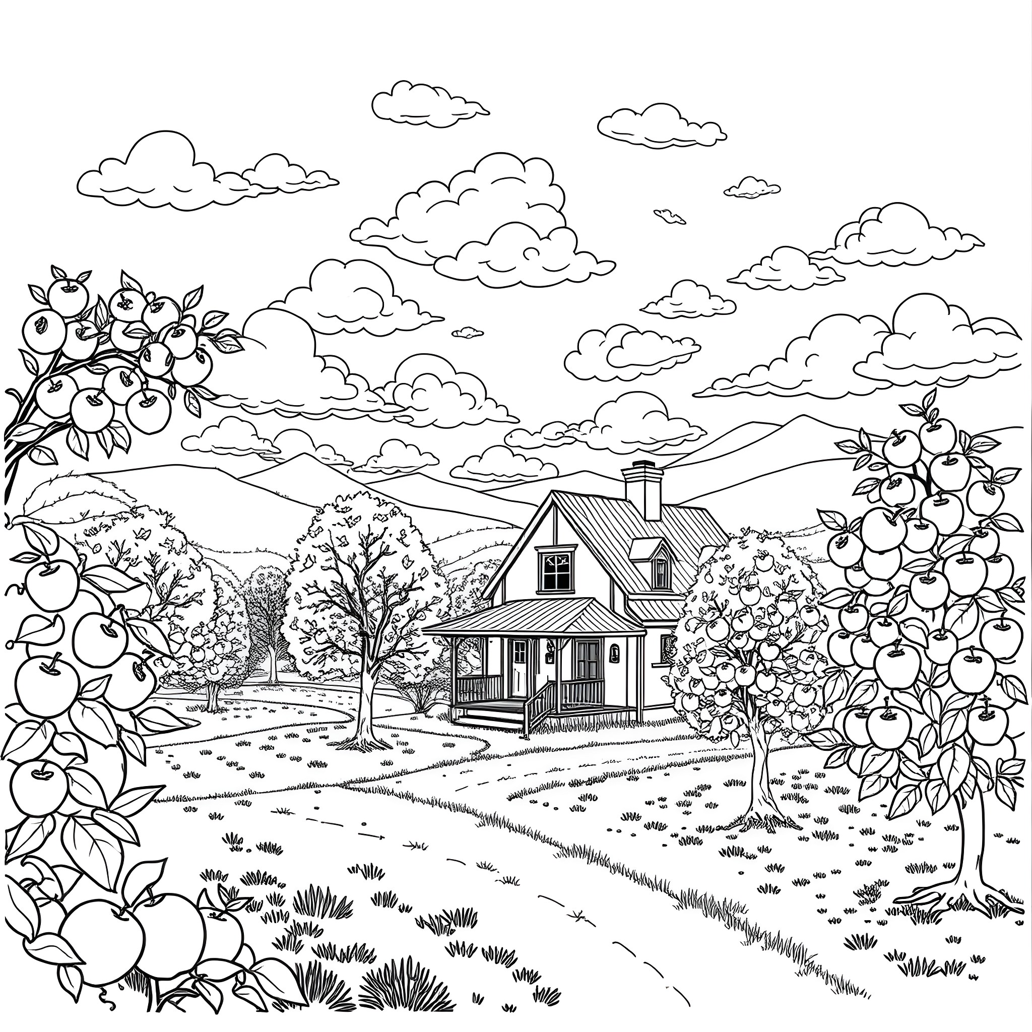 Apple Orchard and Cottage on a Scenic Day Coloring Page (free black-and-white line drawing printable PDF for all, from beginners to advanced learners, including children, teens, adults, and seniors)