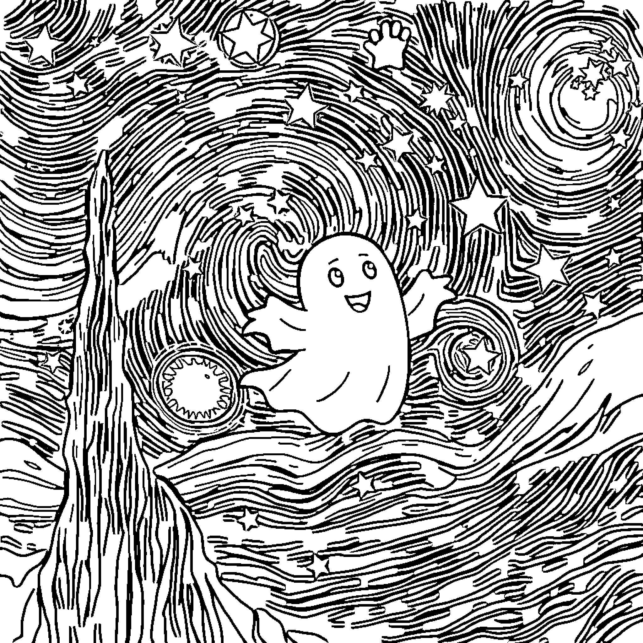 Star Painting of Friendly Ghost in Swirling Night Sky Coloring Page (free black-and-white line drawing printable PDF for all, from beginners to advanced learners, including children, teens, adults, and seniors)