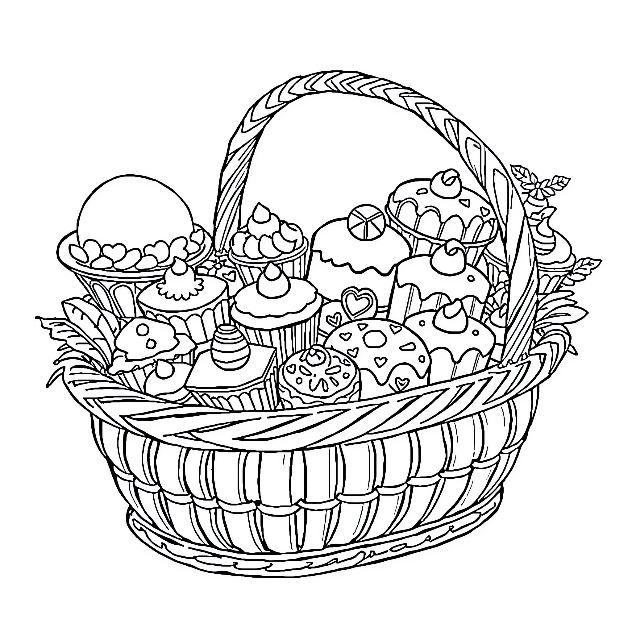 Dessert Basket of Delightful Treats Coloring Page (free black-and-white line drawing printable PDF for all, from beginners to advanced learners, including children, teens, adults, and seniors)