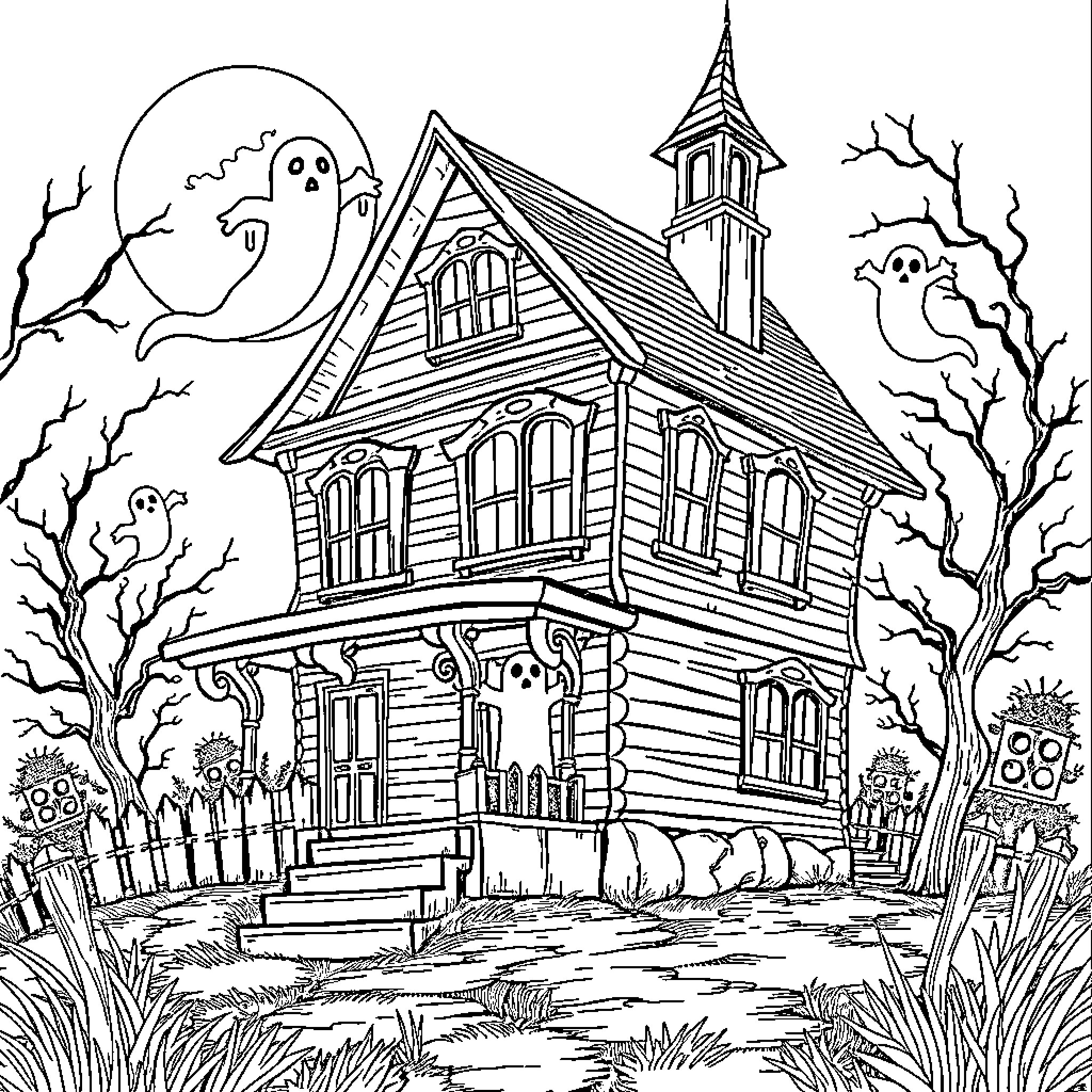 Haunted House with Ghostly Residents and Spooky Atmosphere Coloring Page (free black-and-white line drawing printable PDF for all, from beginners to advanced learners, including children, teens, adults, and seniors)