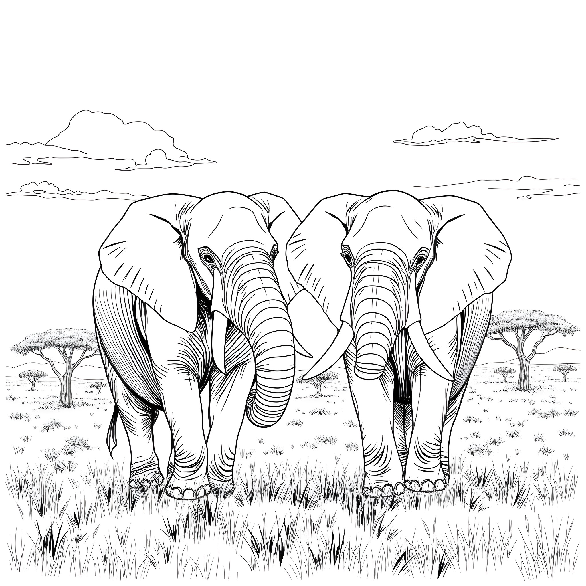 Elephants walking together in the African savanna Coloring Page (free black-and-white line drawing printable PDF for all, from beginners to advanced learners, including children, teens, adults, and seniors)