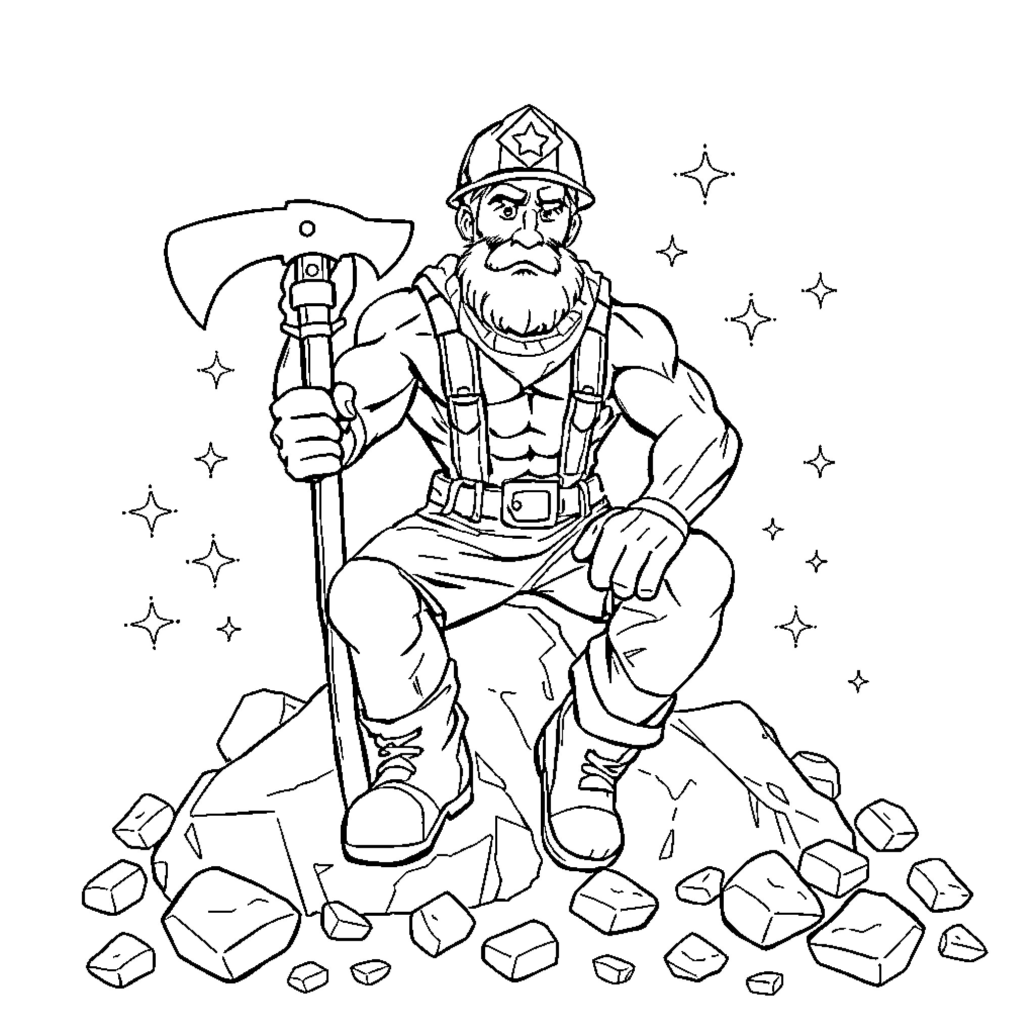 Gold Miner Digging for Treasure in the Rocks Coloring Page (free black-and-white line drawing printable PDF for all, from beginners to advanced learners, including children, teens, adults, and seniors)