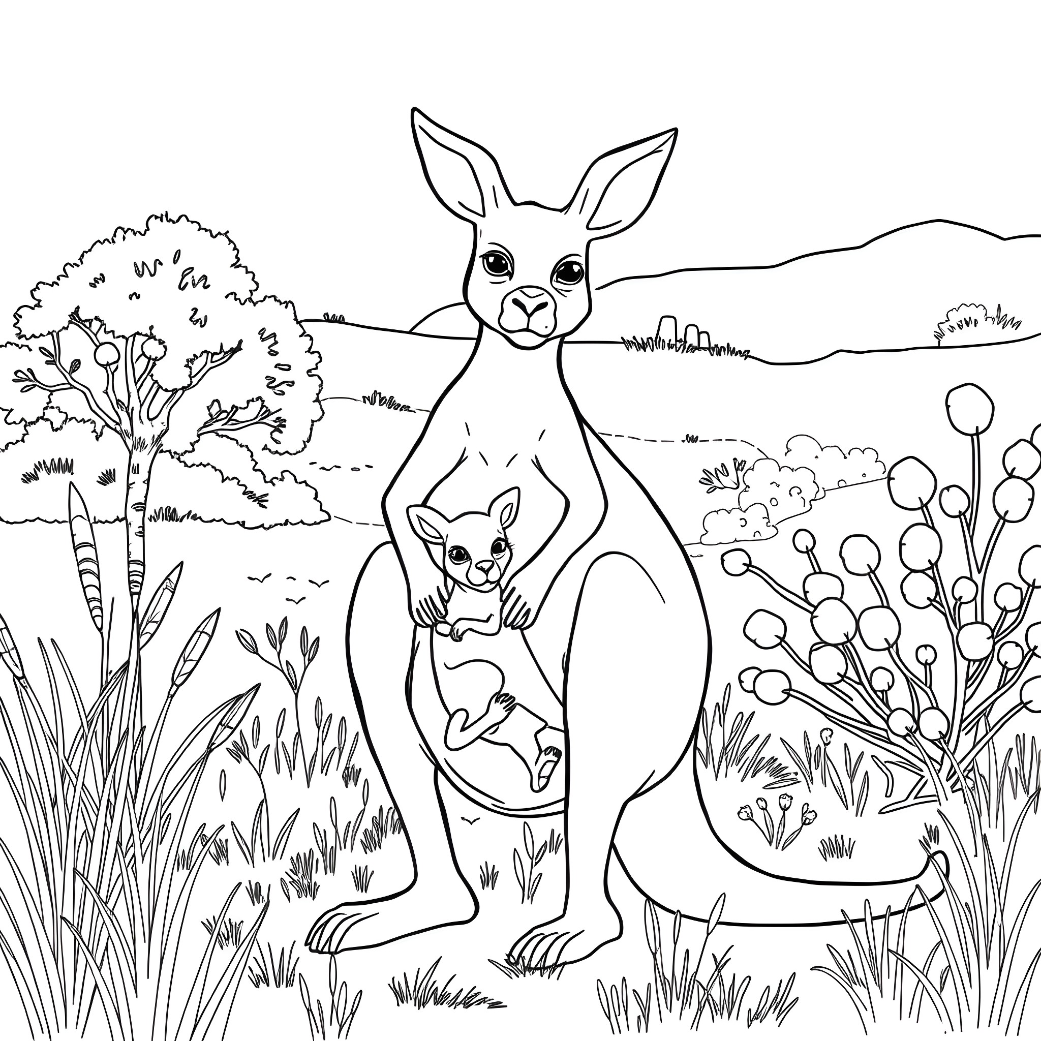 Kangaroo and her joey in the bushland Coloring Page (free black-and-white line drawing printable PDF for all, from beginners to advanced learners, including children, teens, adults, and seniors)