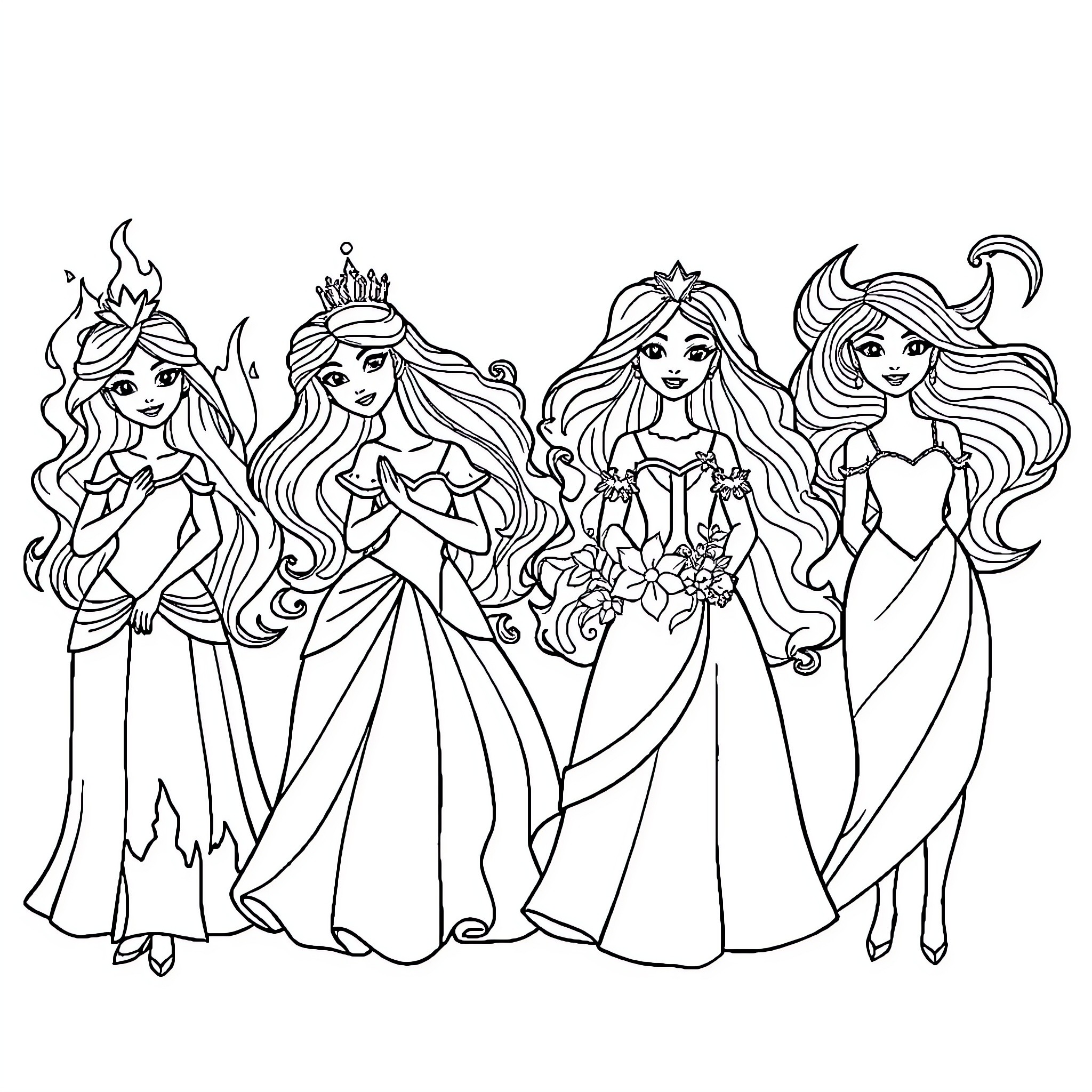 Princess Characters in Elegant Dresses Coloring Page (free black-and-white line drawing printable PDF for all, from beginners to advanced learners, including children, teens, adults, and seniors)