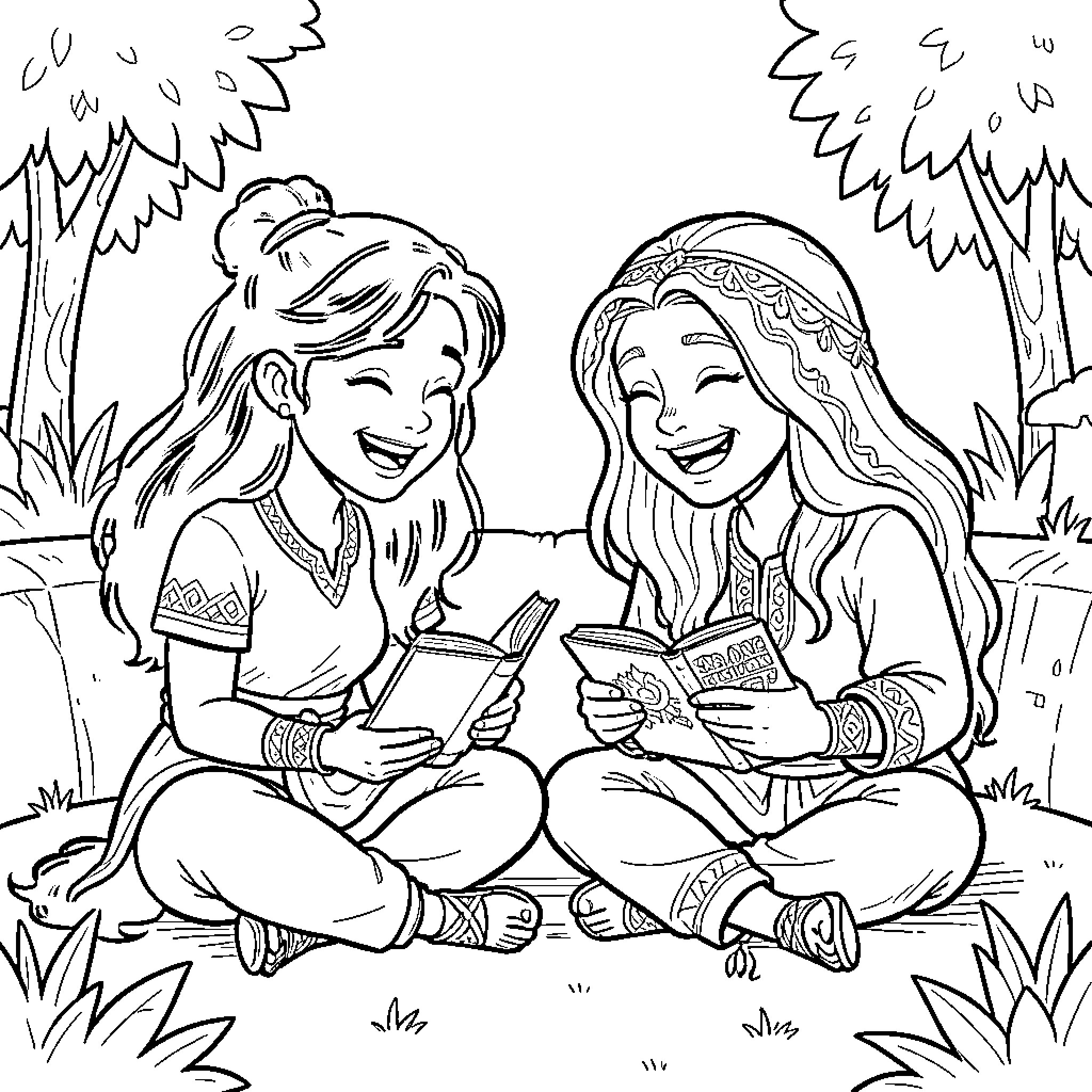 Raya and friends sharing a book in nature Coloring Page (free black-and-white line drawing printable PDF for all, from beginners to advanced learners, including children, teens, adults, and seniors)