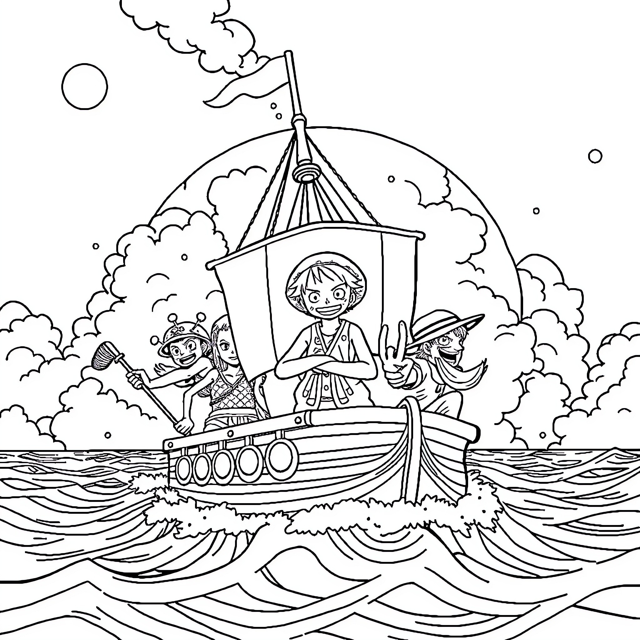 One Piece Adventure on the High Seas Coloring Page (free black-and-white line drawing printable PDF for all, from beginners to advanced learners, including children, teens, adults, and seniors)