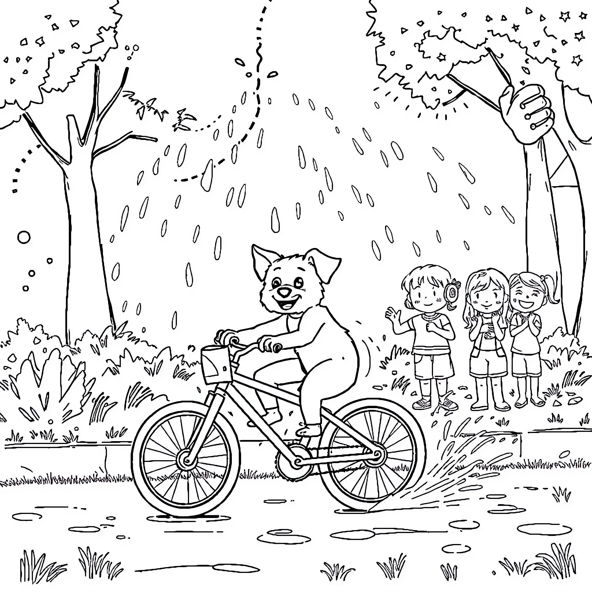 Hund riding bicycle with children on rainy day Coloring Page (free black-and-white line drawing printable PDF for all, from beginners to advanced learners, including children, teens, adults, and seniors)