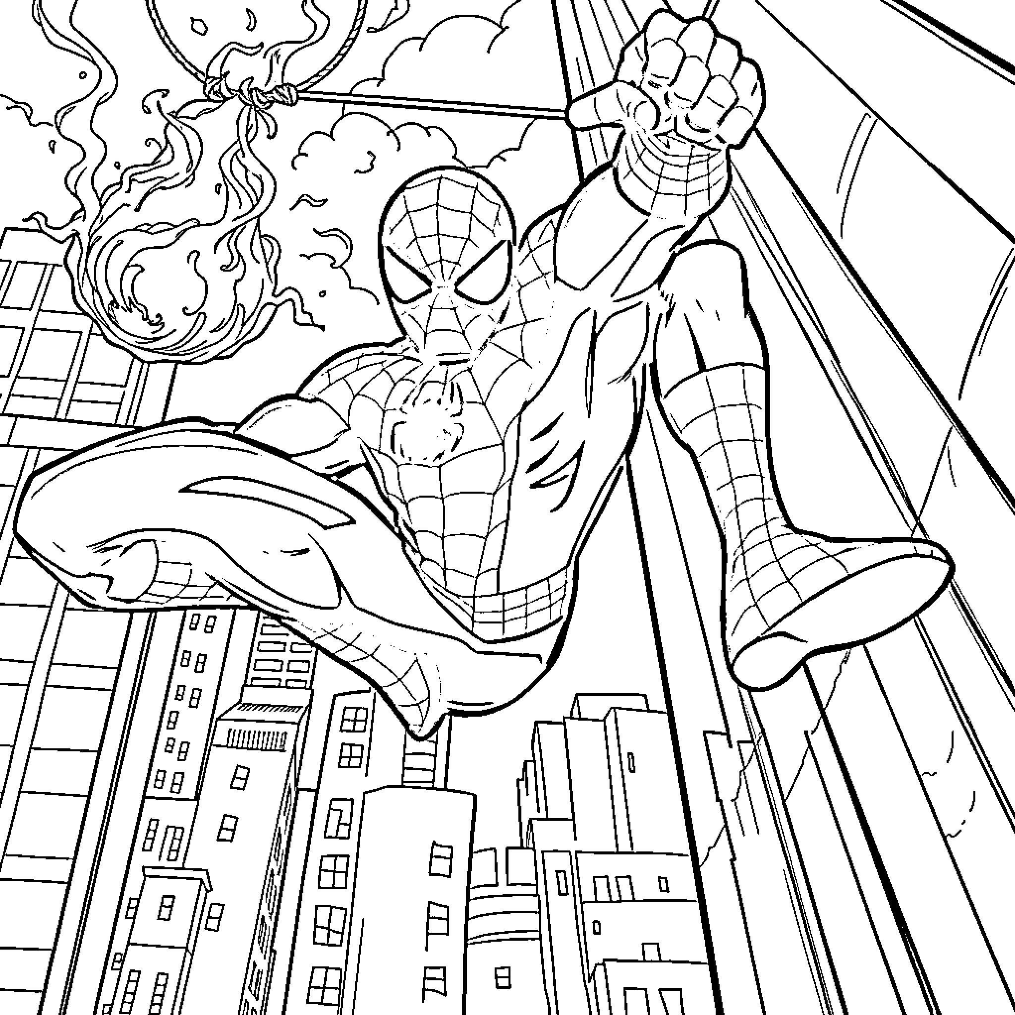 Spider-Man Swinging Through the City and Battling Villains Coloring Page (free black-and-white line drawing printable PDF for all, from beginners to advanced learners, including children, teens, adults, and seniors)