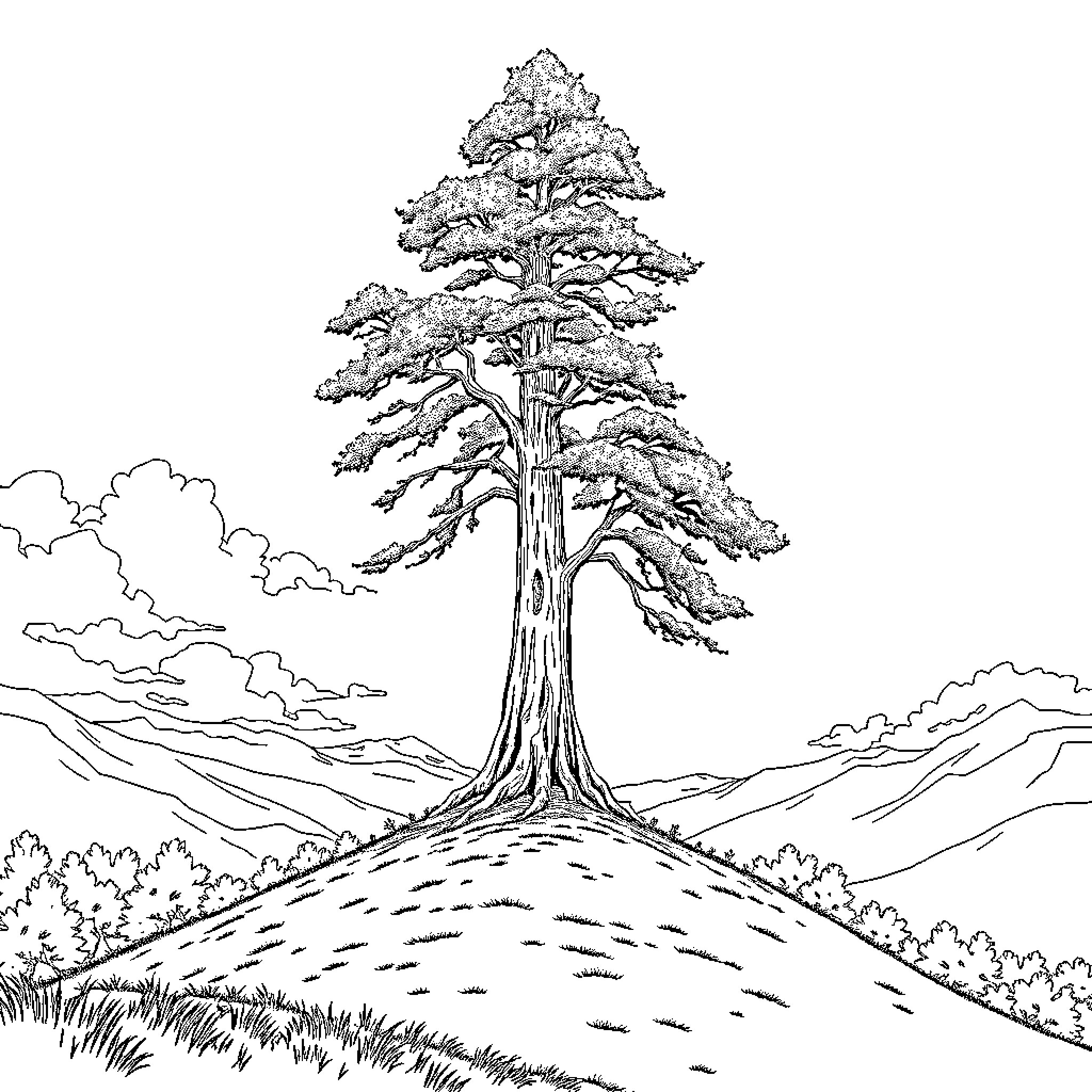 Tree standing tall in a snowy landscape Coloring Page (free black-and-white line drawing printable PDF for all, from beginners to advanced learners, including children, teens, adults, and seniors)