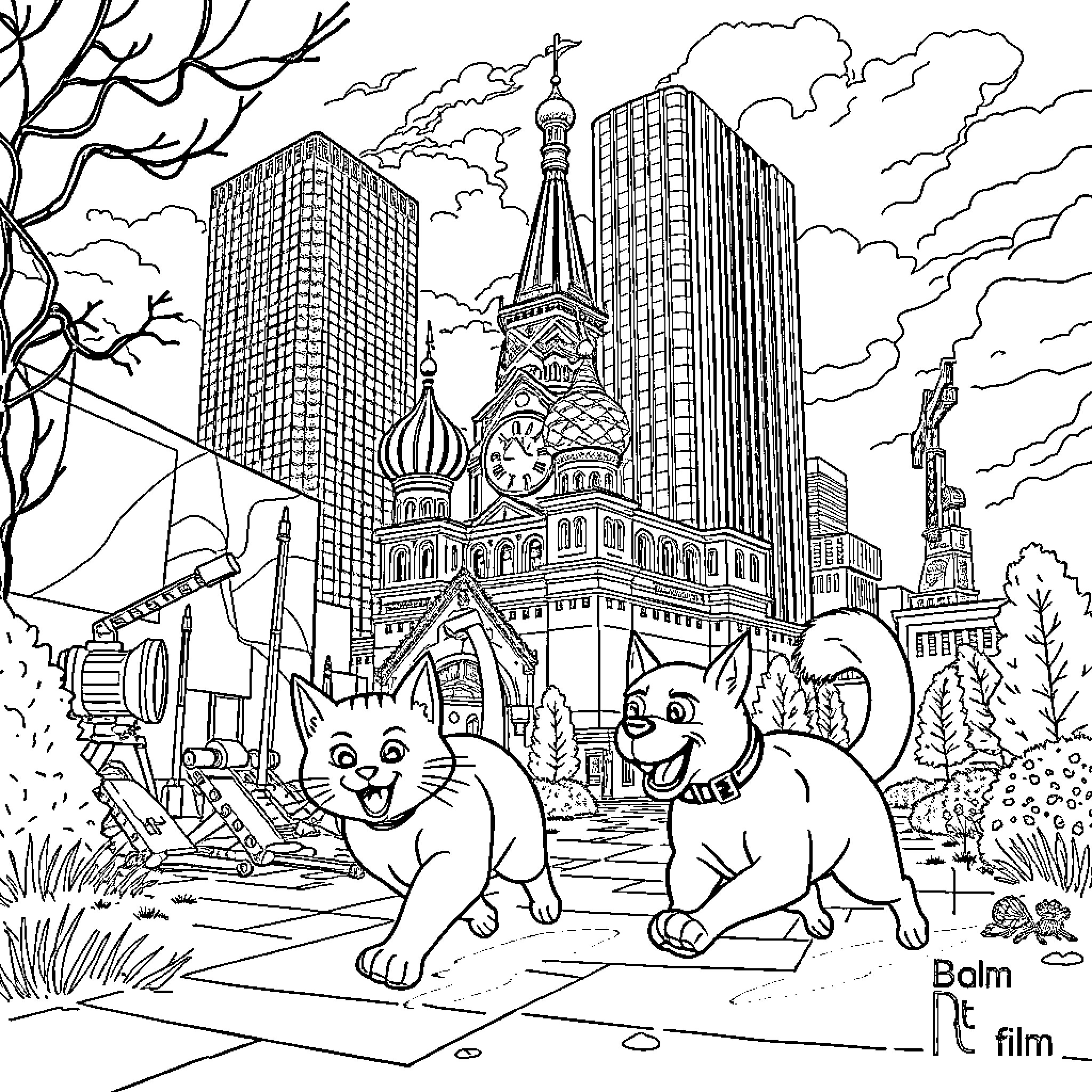 Cats exploring the city skyline Coloring Page (free black-and-white line drawing printable PDF for all, from beginners to advanced learners, including children, teens, adults, and seniors)