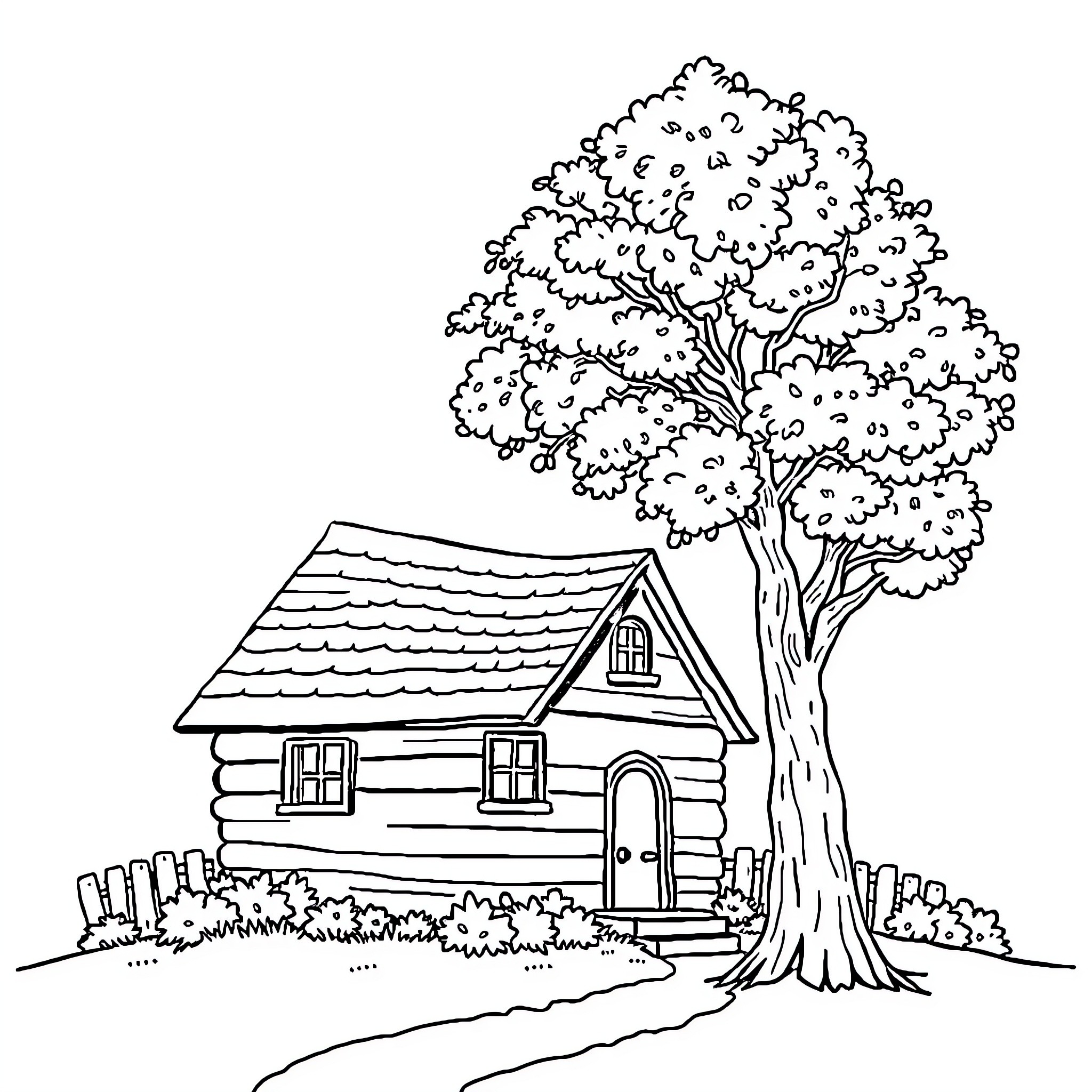 House nestled amidst flourishing nature Coloring Page (free black-and-white line drawing printable PDF for all, from beginners to advanced learners, including children, teens, adults, and seniors)