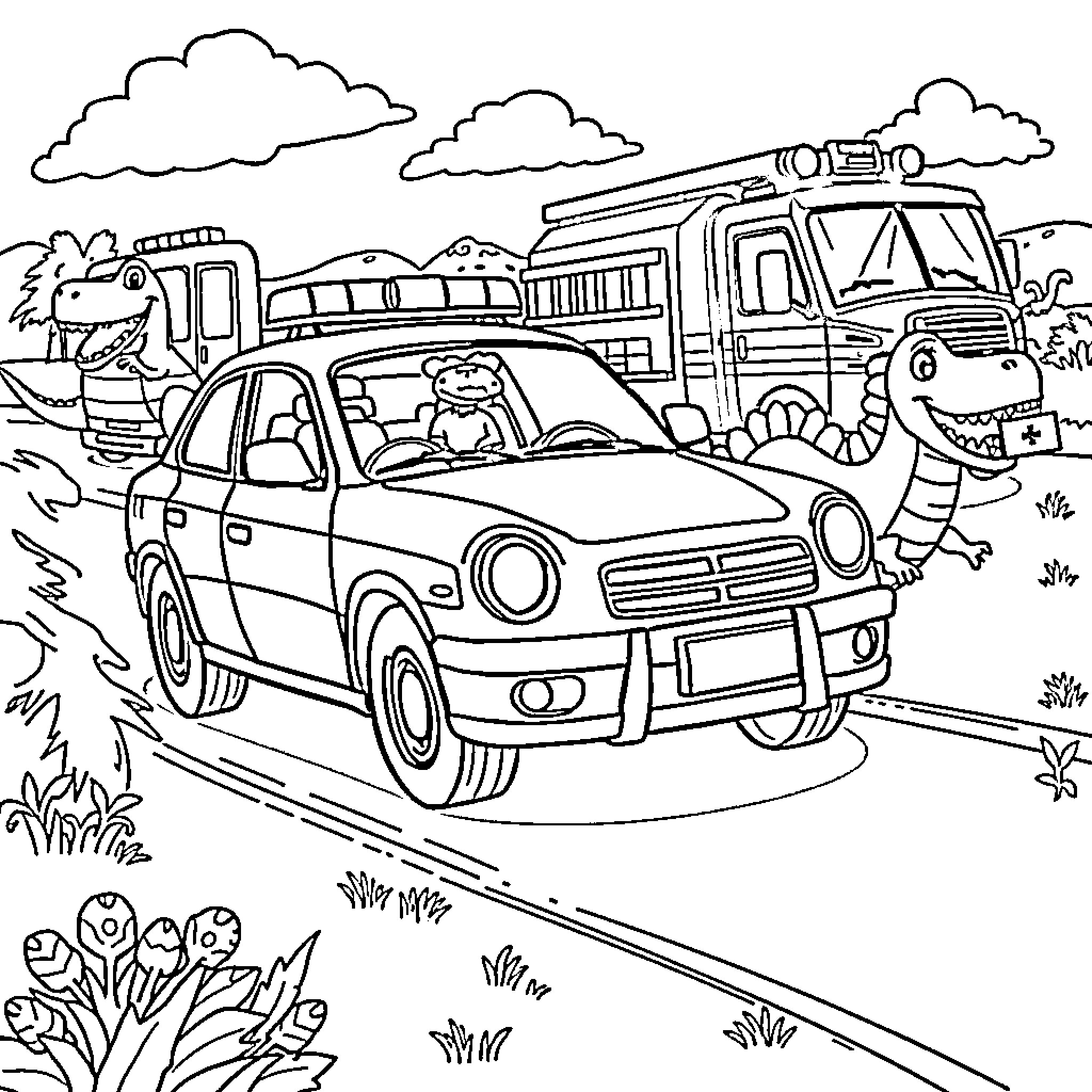 Vehicle transporting animals on a scenic road Coloring Page (free black-and-white line drawing printable PDF for all, from beginners to advanced learners, including children, teens, adults, and seniors)