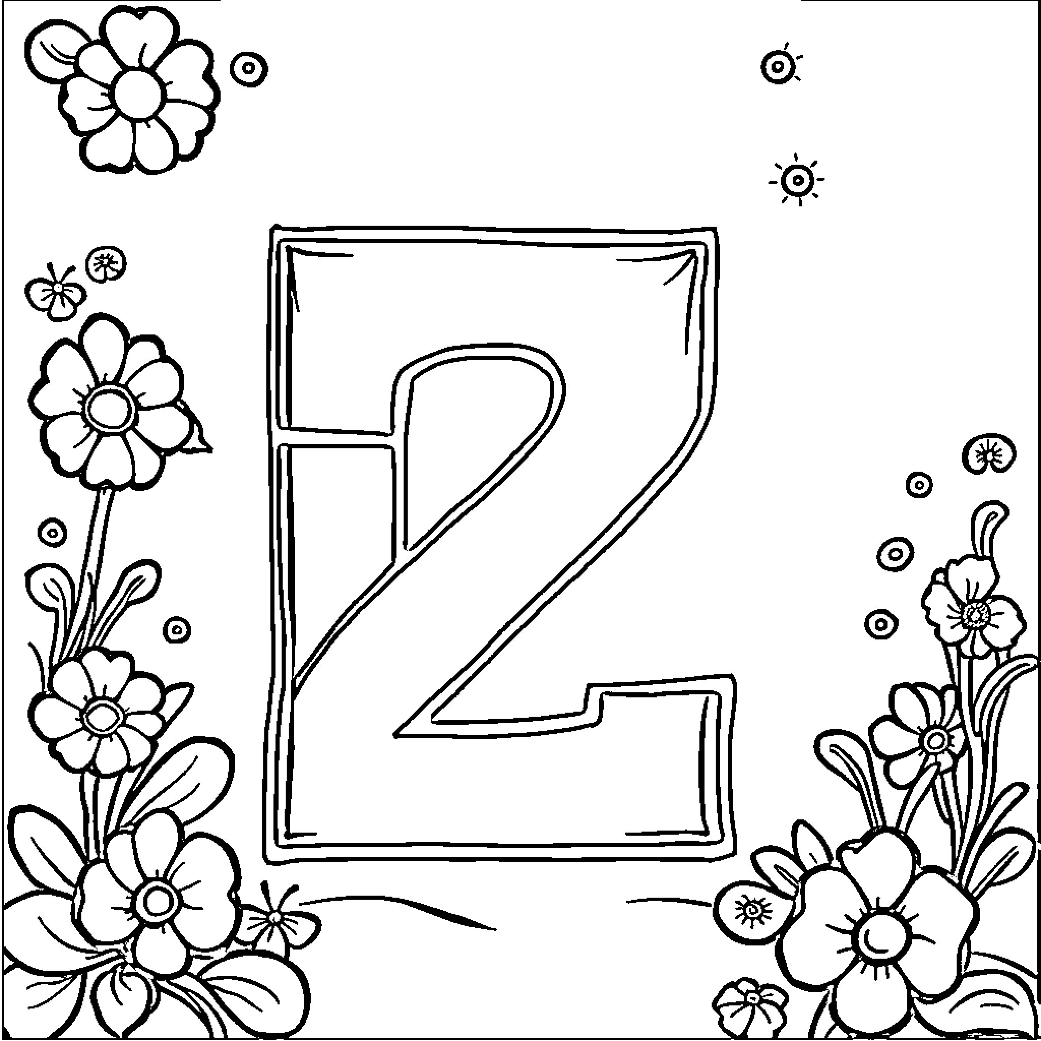 Number Letter Z Floral Doodle Frame Coloring Page (free black-and-white line drawing printable PDF for all, from beginners to advanced learners, including children, teens, adults, and seniors)