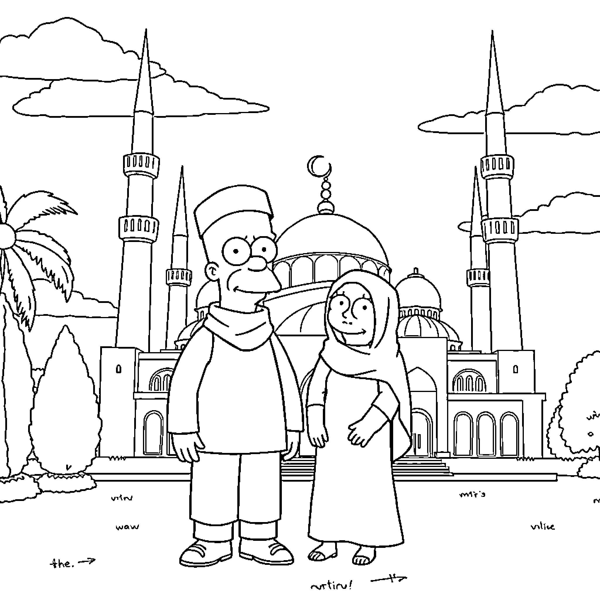Simpsons Characters Visit Iconic Mosque Coloring Page (free black-and-white line drawing printable PDF for all, from beginners to advanced learners, including children, teens, adults, and seniors)