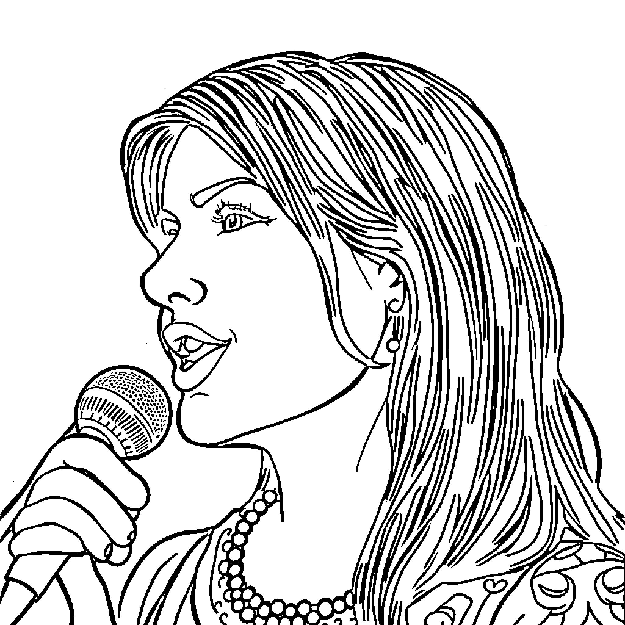 English Woman Singing Passionately on Stage Coloring Page (free black-and-white line drawing printable PDF for all, from beginners to advanced learners, including children, teens, adults, and seniors)