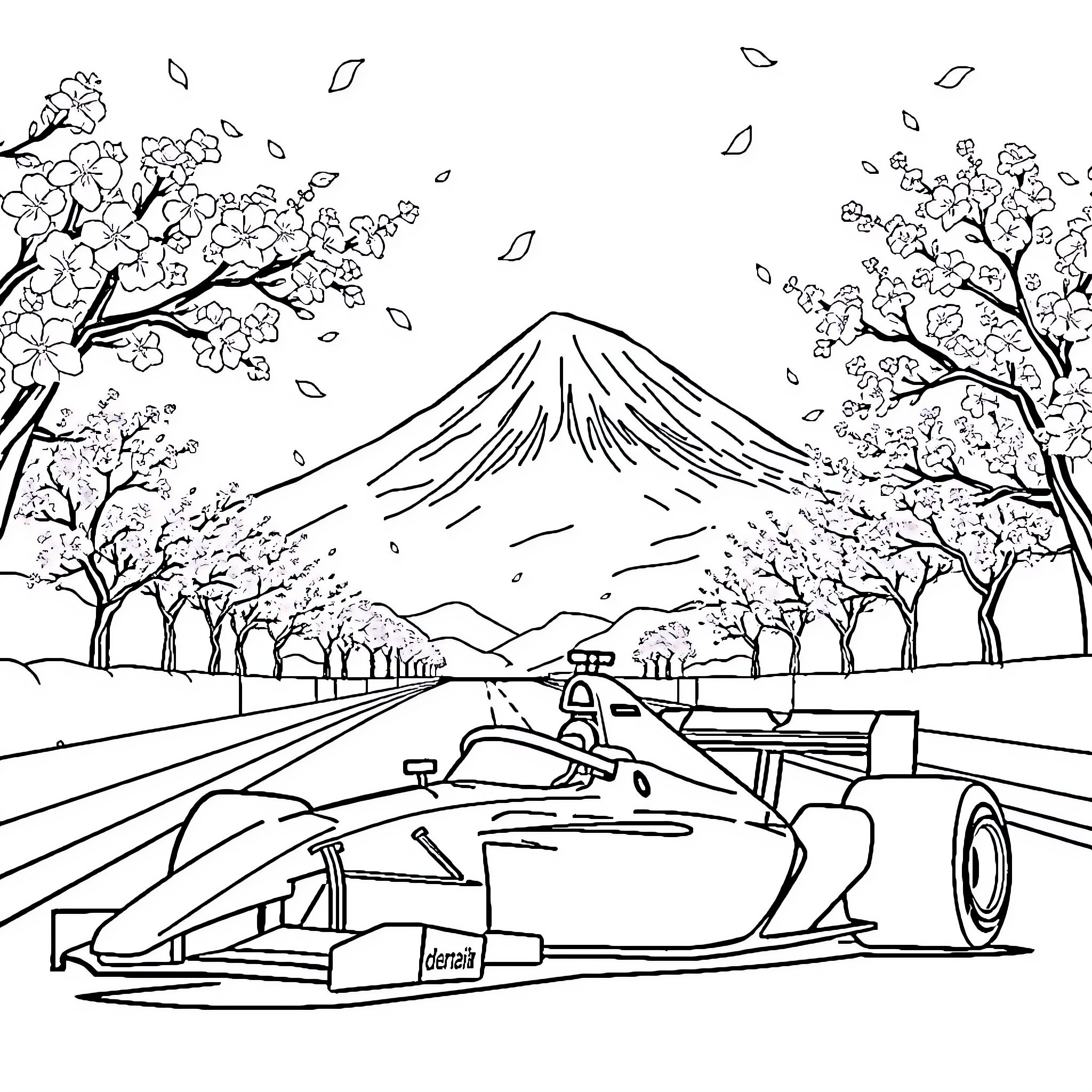 Formula 1 Car Racing Through Cherry Blossom Landscape Coloring Page (free black-and-white line drawing printable PDF for all, from beginners to advanced learners, including children, teens, adults, and seniors)
