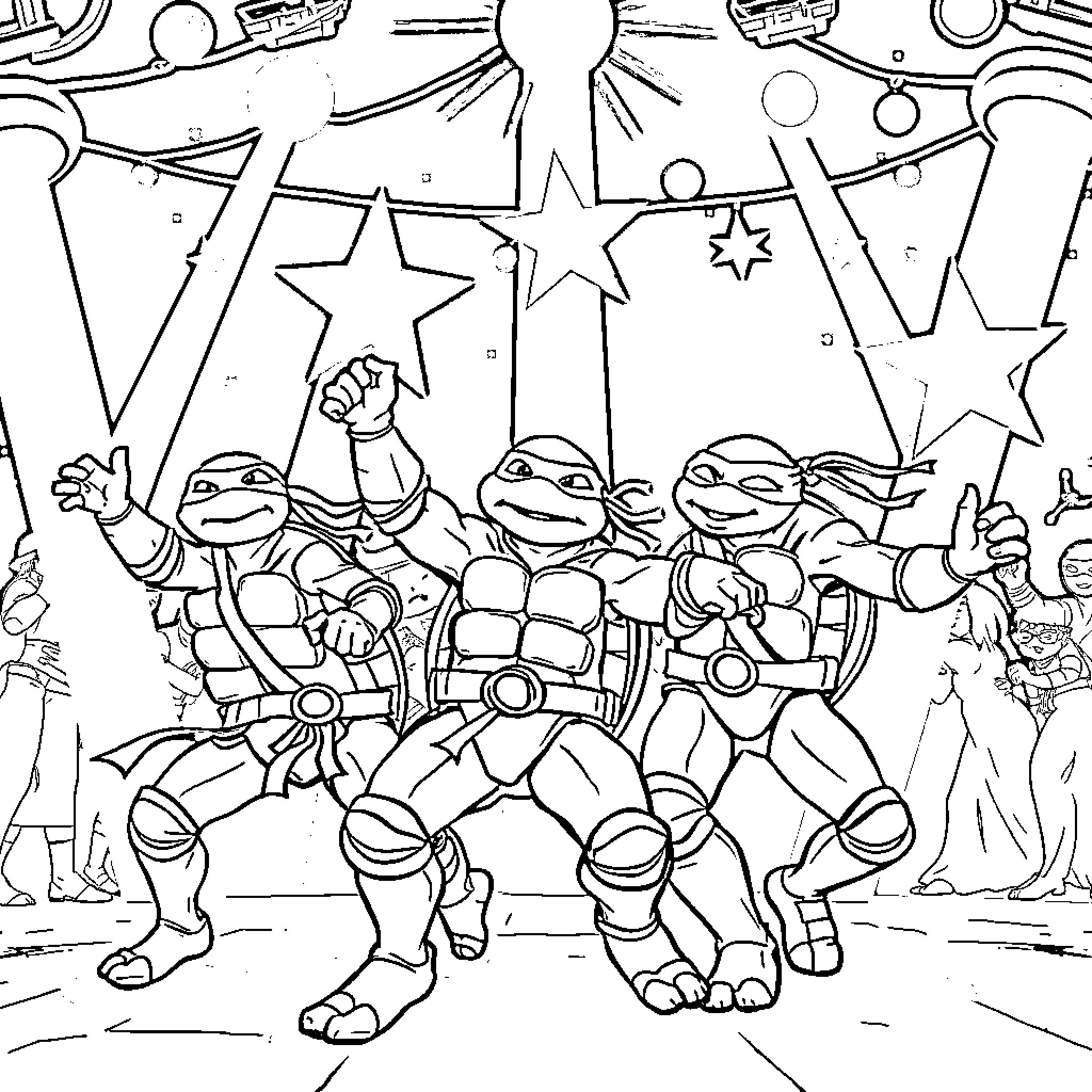 Ninja Turtles Celebrating with Stars and Excitement Coloring Page (free black-and-white line drawing printable PDF for all, from beginners to advanced learners, including children, teens, adults, and seniors)