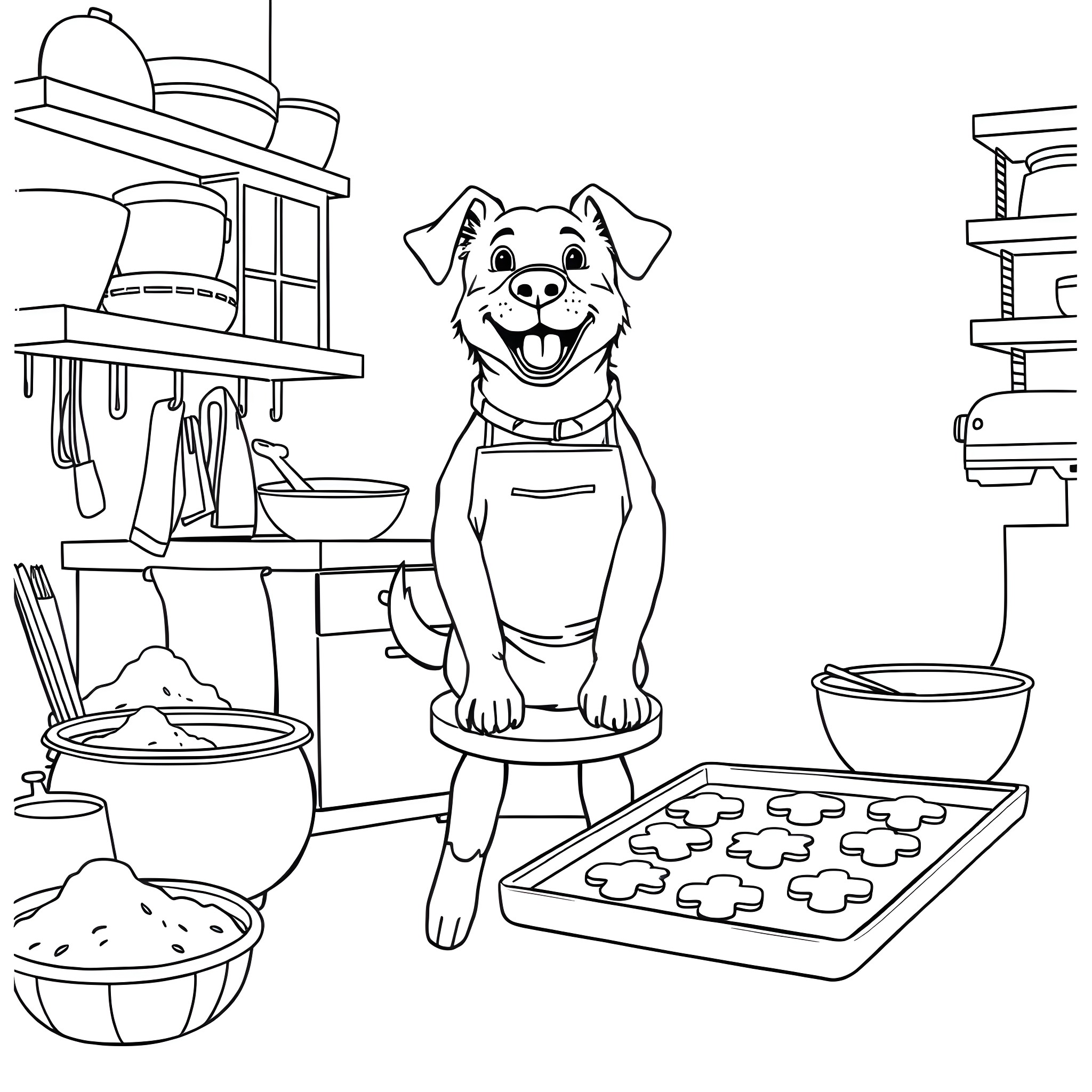 Dog baking cookies happily in the kitchen Coloring Page (free black-and-white line drawing printable PDF for all, from beginners to advanced learners, including children, teens, adults, and seniors)