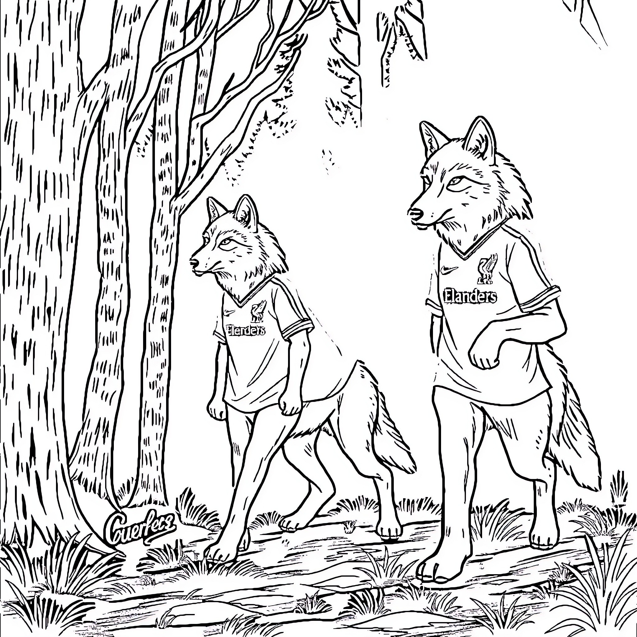 Wolf Teammates Exploring the Wilderness Coloring Page (free black-and-white line drawing printable PDF for all, from beginners to advanced learners, including children, teens, adults, and seniors)