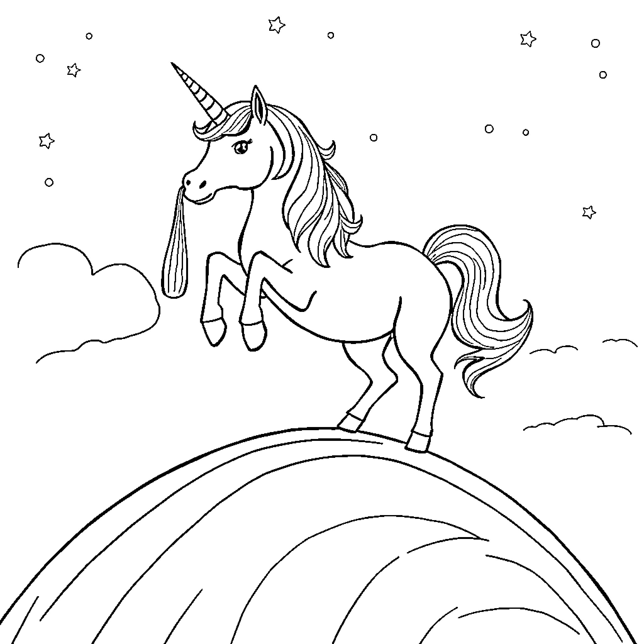 Unicorn standing proudly on a hilltop Coloring Page (free black-and-white line drawing printable PDF for all, from beginners to advanced learners, including children, teens, adults, and seniors)