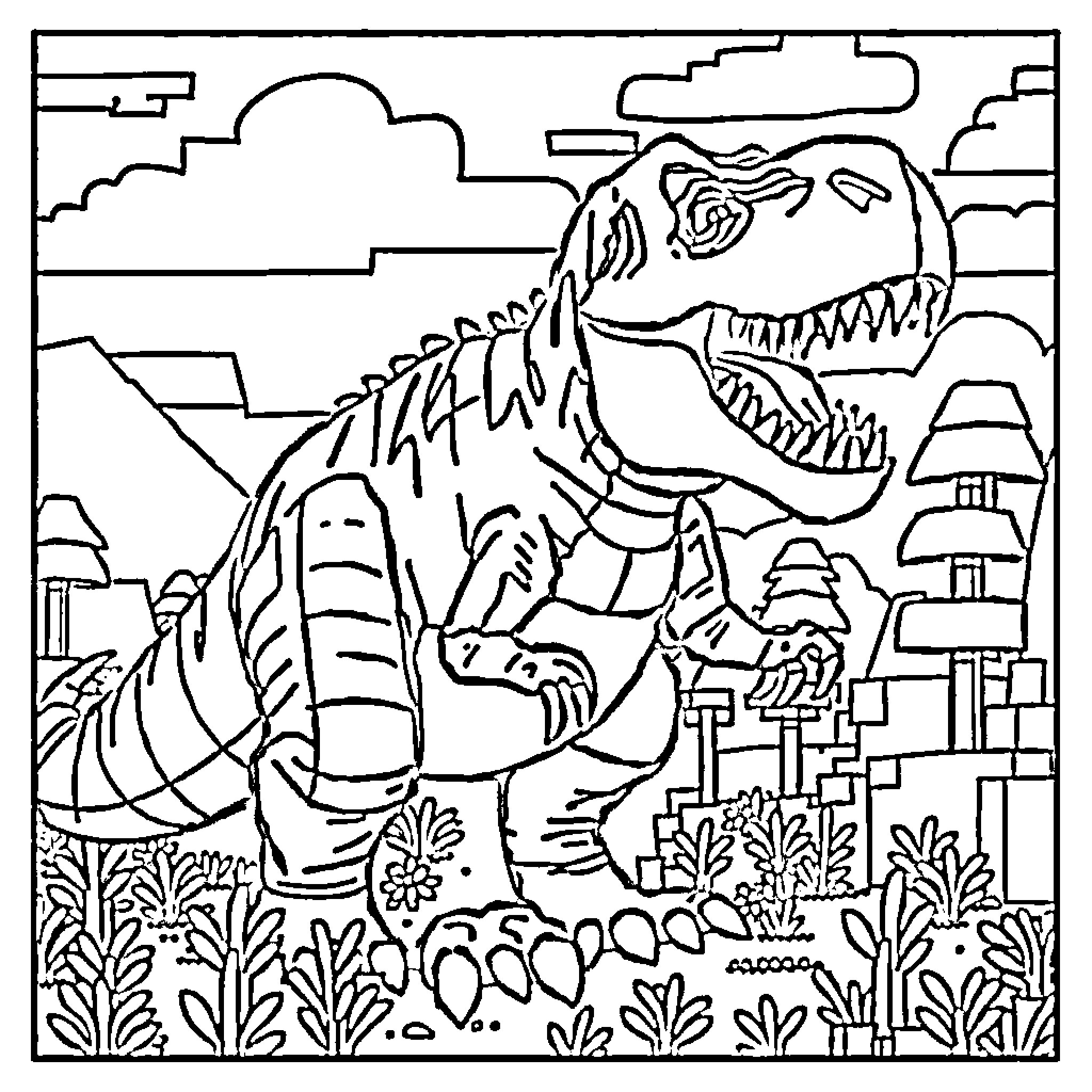 Indominus Rex Dinosaur Roaring in Jurassic Landscape Coloring Page (free black-and-white line drawing printable PDF for all, from beginners to advanced learners, including children, teens, adults, and seniors)