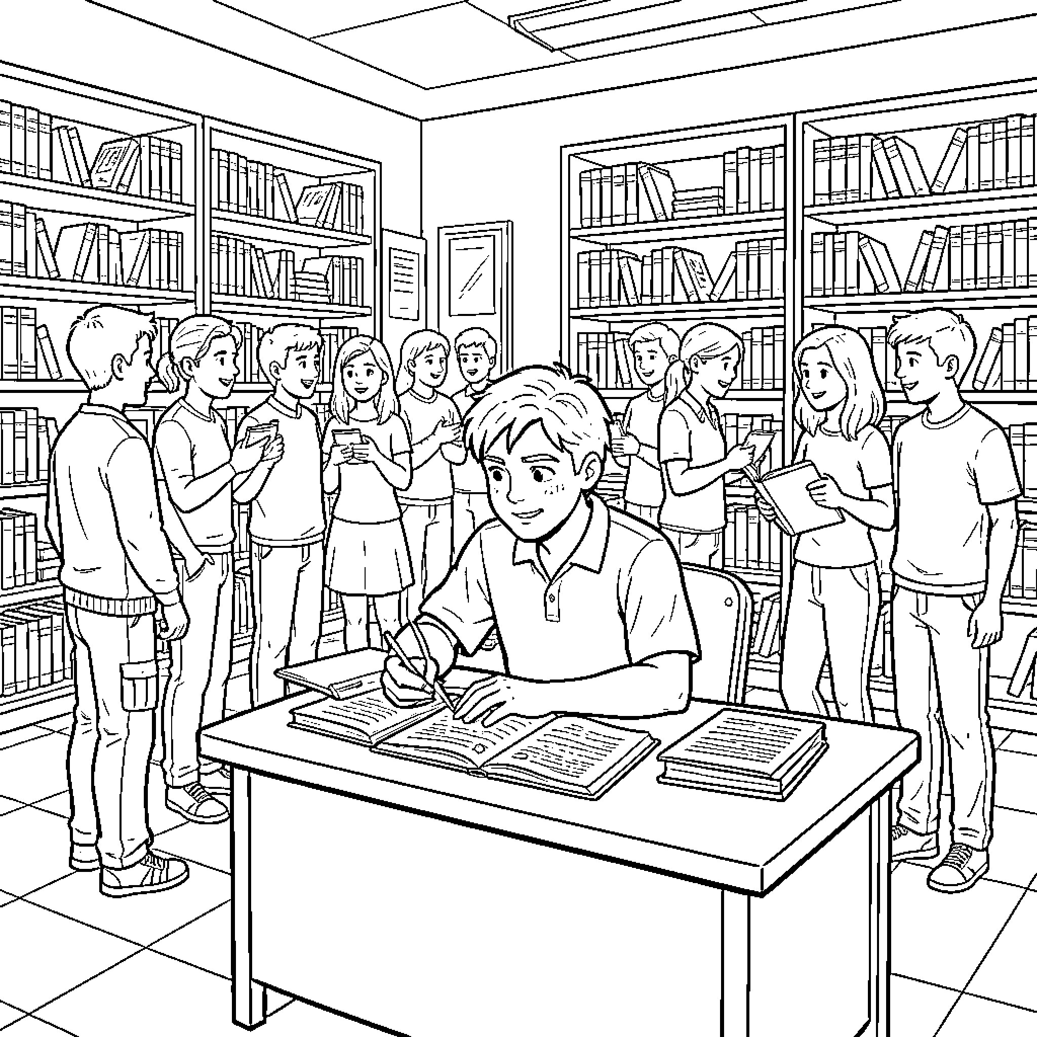 Joven estudiante en la biblioteca rodeado de compañeros Coloring Page (free black-and-white line drawing printable PDF for all, from beginners to advanced learners, including children, teens, adults, and seniors)