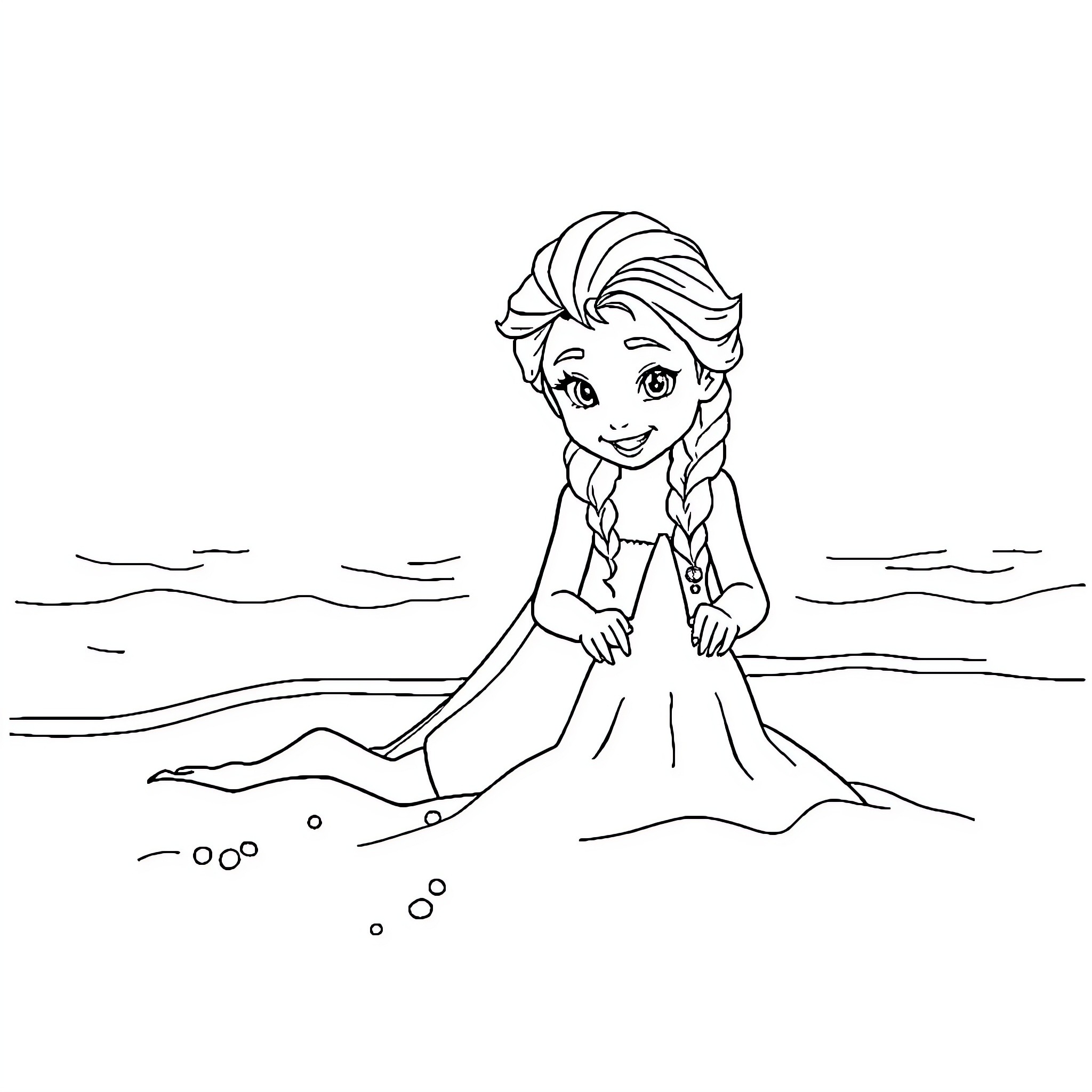 Elsa playing in the snow Coloring Page (free black-and-white line drawing printable PDF for all, from beginners to advanced learners, including children, teens, adults, and seniors)