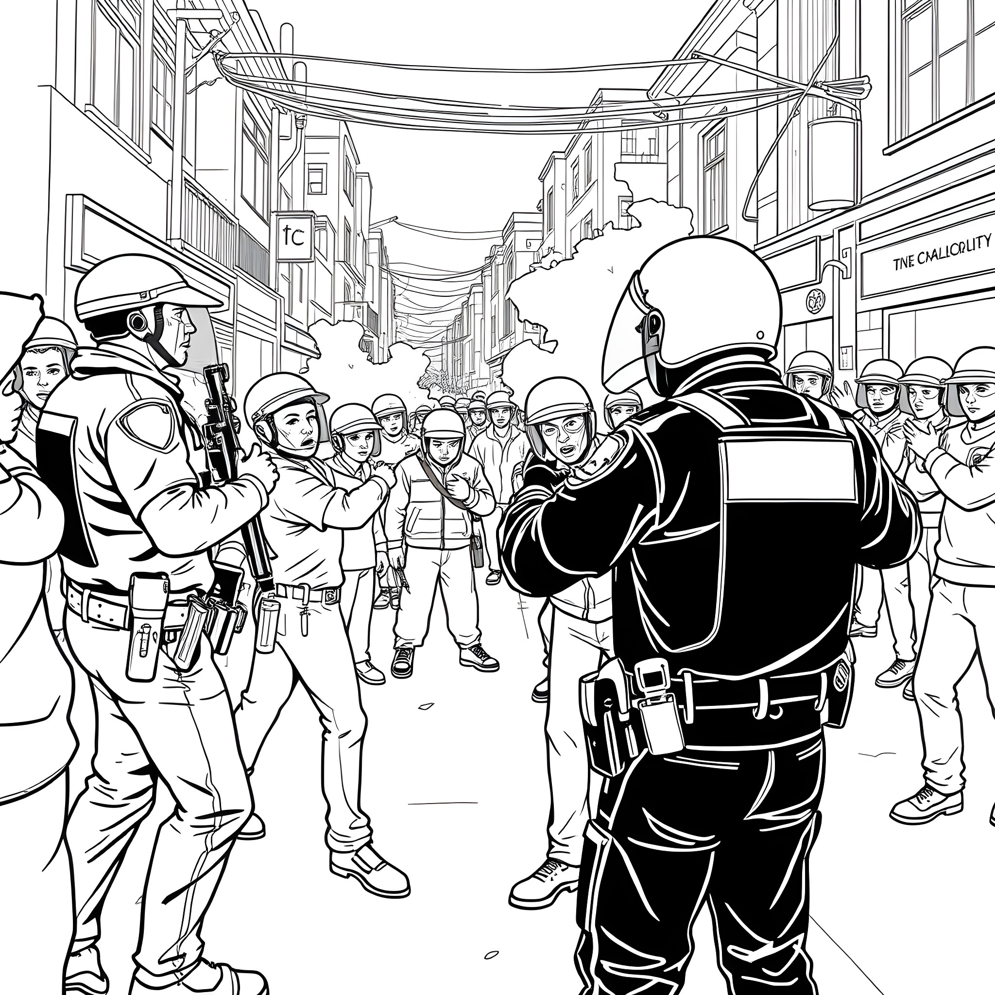 Police Officers Securing Public Space in a Protest Coloring Page (free black-and-white line drawing printable PDF for all, from beginners to advanced learners, including children, teens, adults, and seniors)