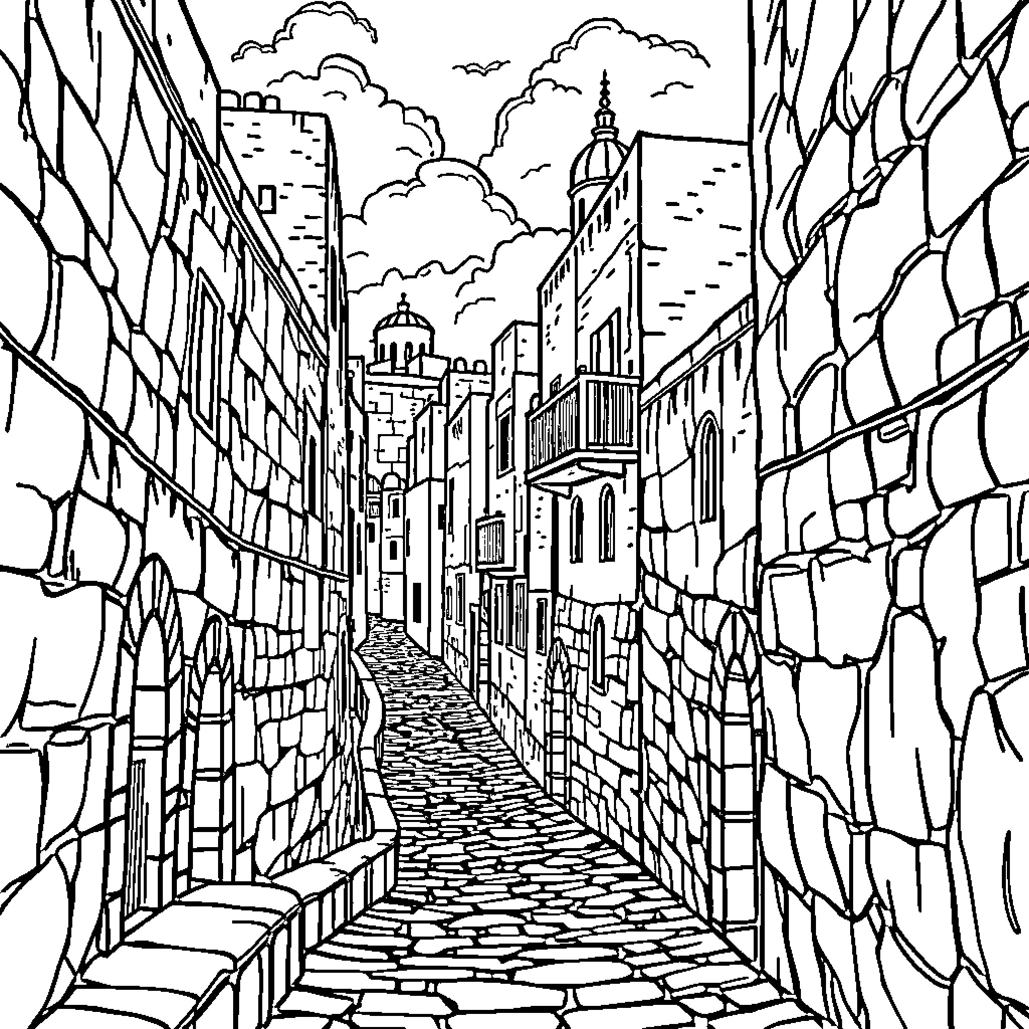 Medina cityscape with winding streets and buildings Coloring Page (free black-and-white line drawing printable PDF for all, from beginners to advanced learners, including children, teens, adults, and seniors)