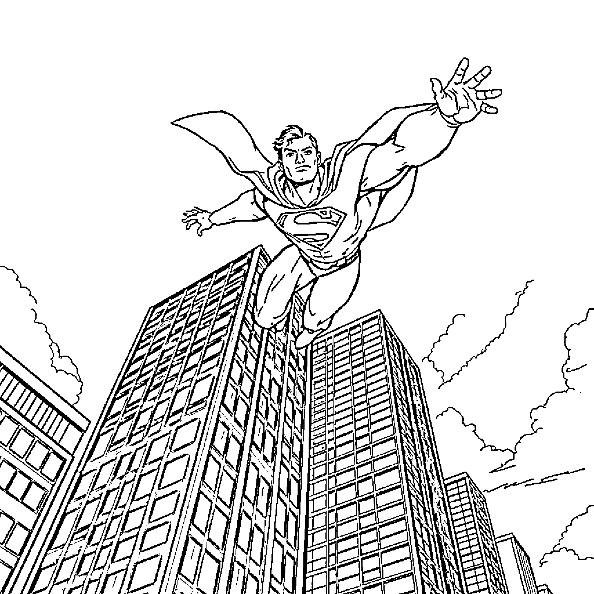 Superman soaring above the city skyline Coloring Page (free black-and-white line drawing printable PDF for all, from beginners to advanced learners, including children, teens, adults, and seniors)