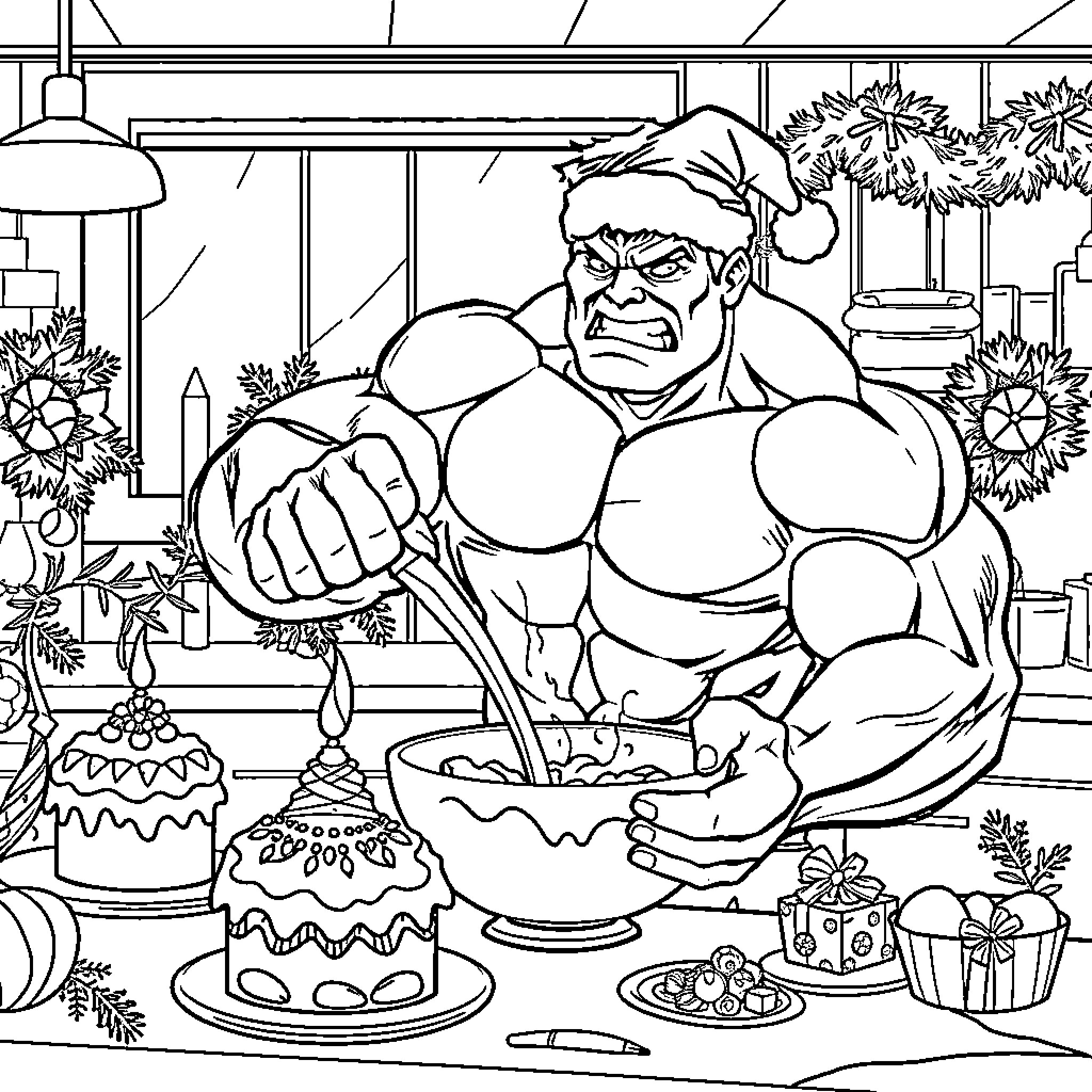 Hulk Enjoying a Festive Feast Coloring Page (free black-and-white line drawing printable PDF for all, from beginners to advanced learners, including children, teens, adults, and seniors)