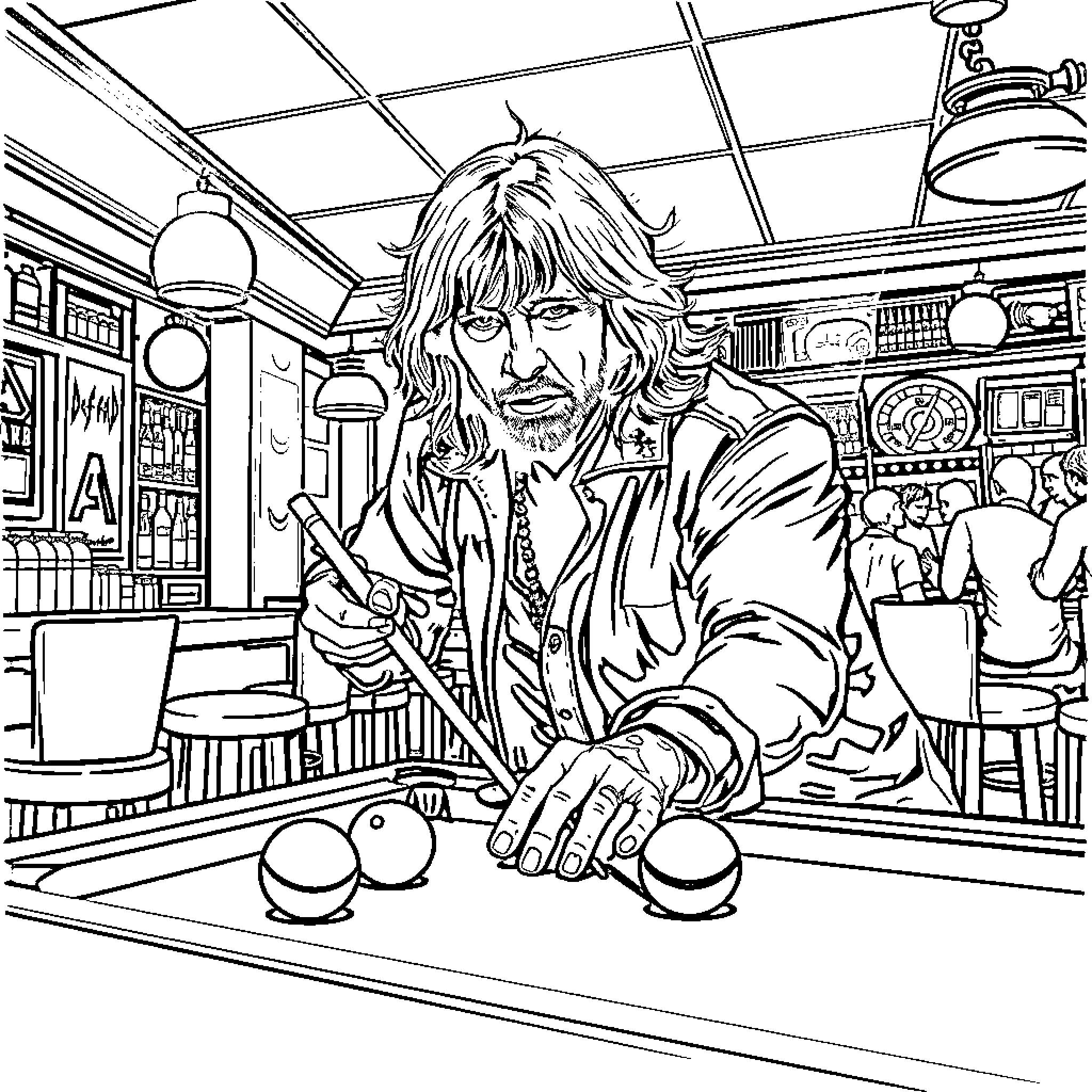 Joe Elliott playing pool in a pub setting Coloring Page (free black-and-white line drawing printable PDF for all, from beginners to advanced learners, including children, teens, adults, and seniors)