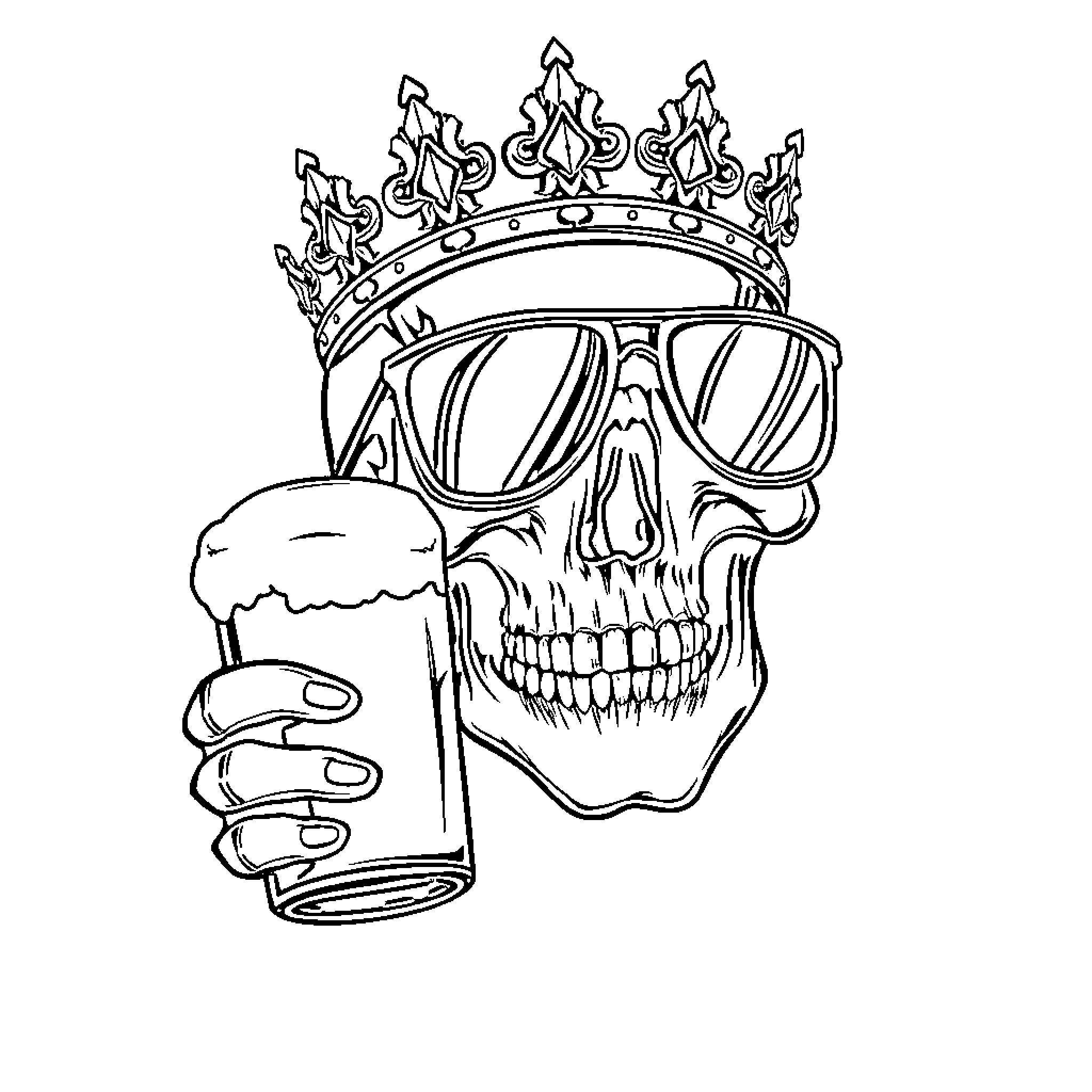 Skull wearing crown and sunglasses, holding beverage Coloring Page (free black-and-white line drawing printable PDF for all, from beginners to advanced learners, including children, teens, adults, and seniors)