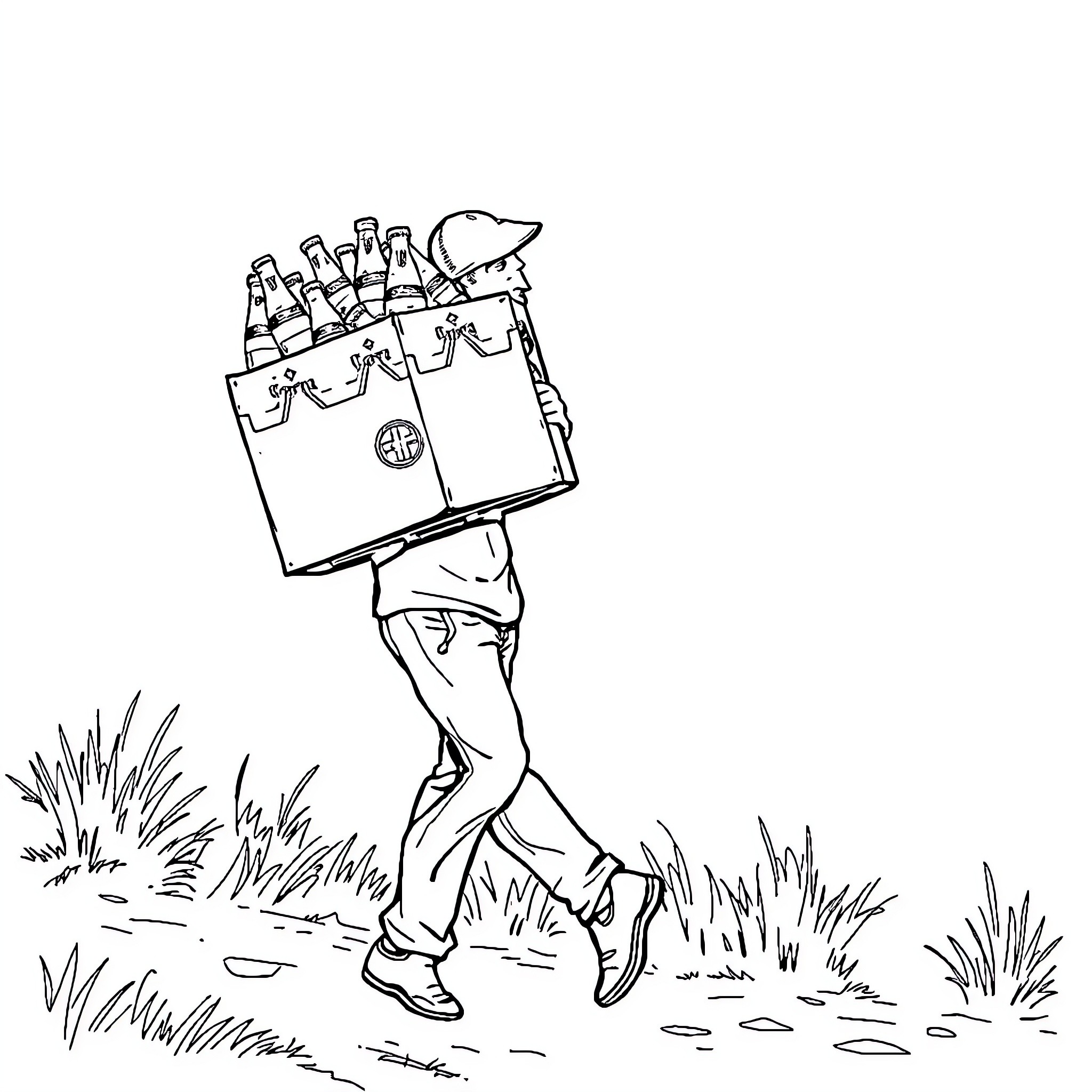 Hombre carrying crate of bottles through field Coloring Page (free black-and-white line drawing printable PDF for all, from beginners to advanced learners, including children, teens, adults, and seniors)
