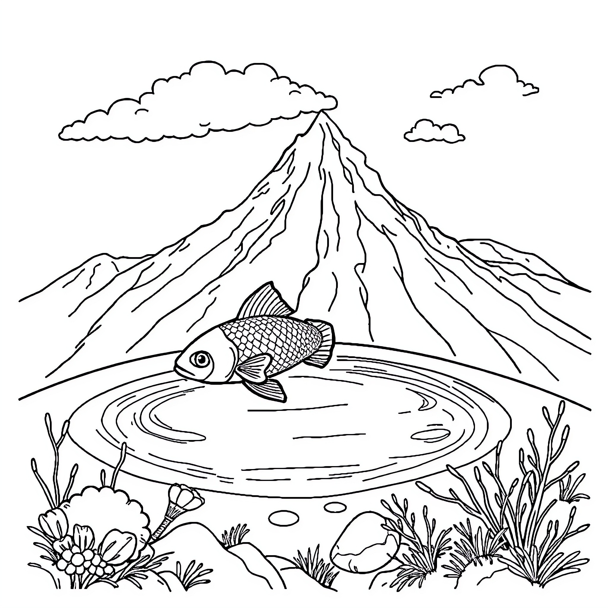 Poisson swimming in serene pond before majestic mountain Coloring Page (free black-and-white line drawing printable PDF for all, from beginners to advanced learners, including children, teens, adults, and seniors)