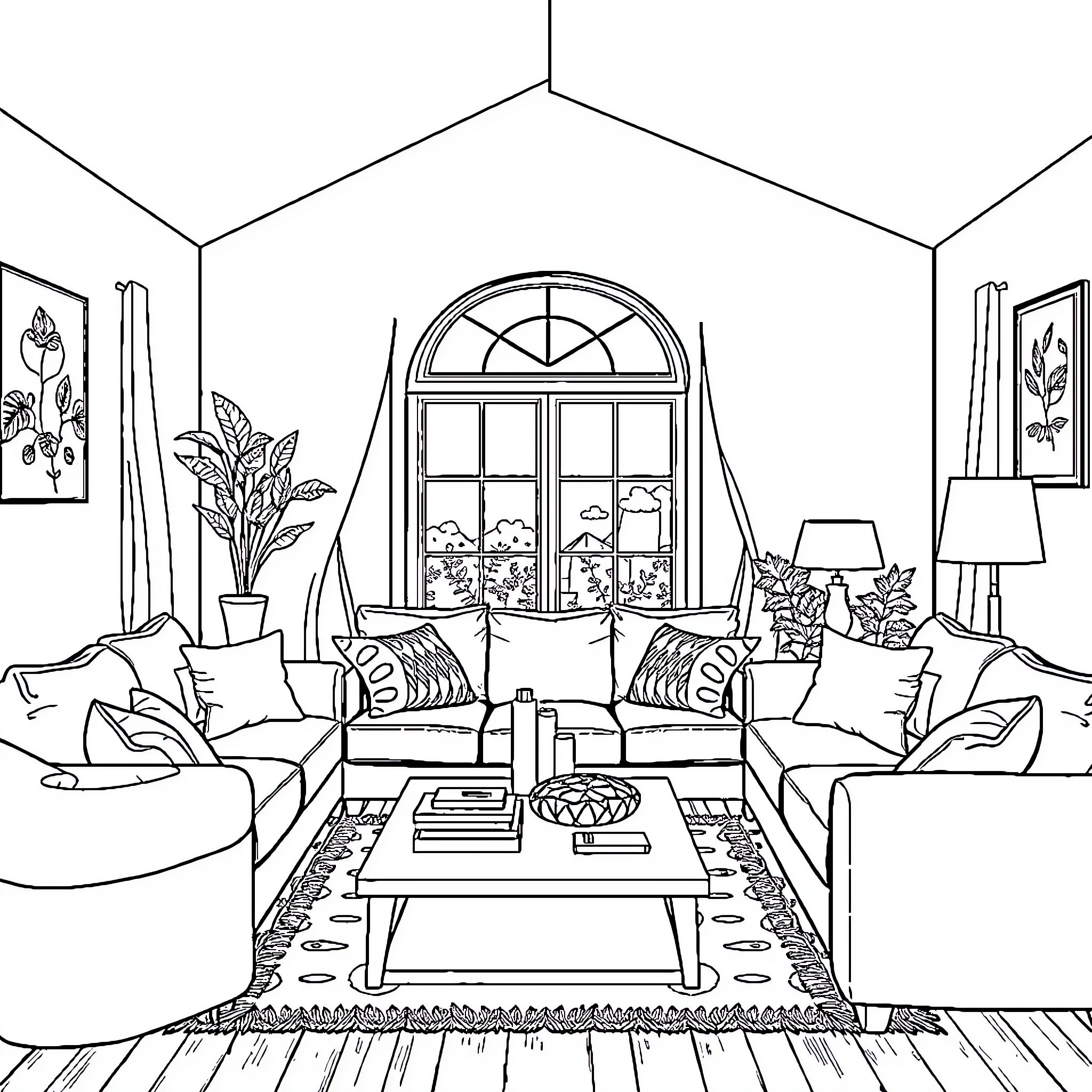 Home with Cozy Living Room Furnishings Coloring Page (free black-and-white line drawing printable PDF for all, from beginners to advanced learners, including children, teens, adults, and seniors)