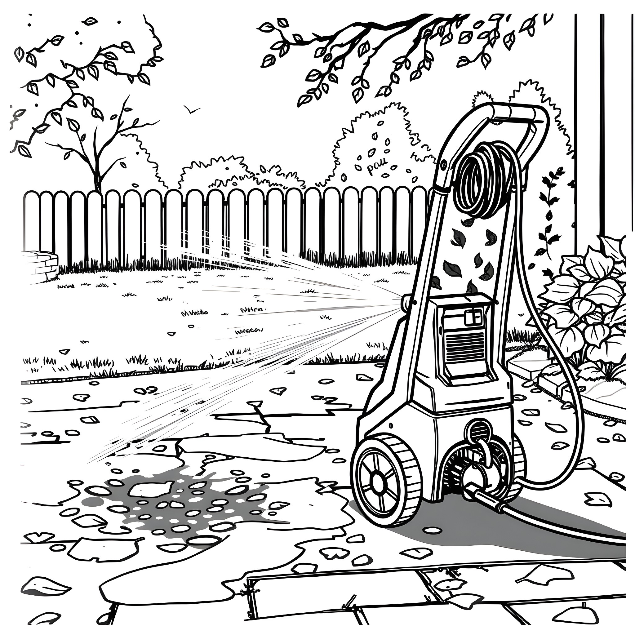 Power Washer Cleaning Outdoor Scene Coloring Page (free black-and-white line drawing printable PDF for all, from beginners to advanced learners, including children, teens, adults, and seniors)