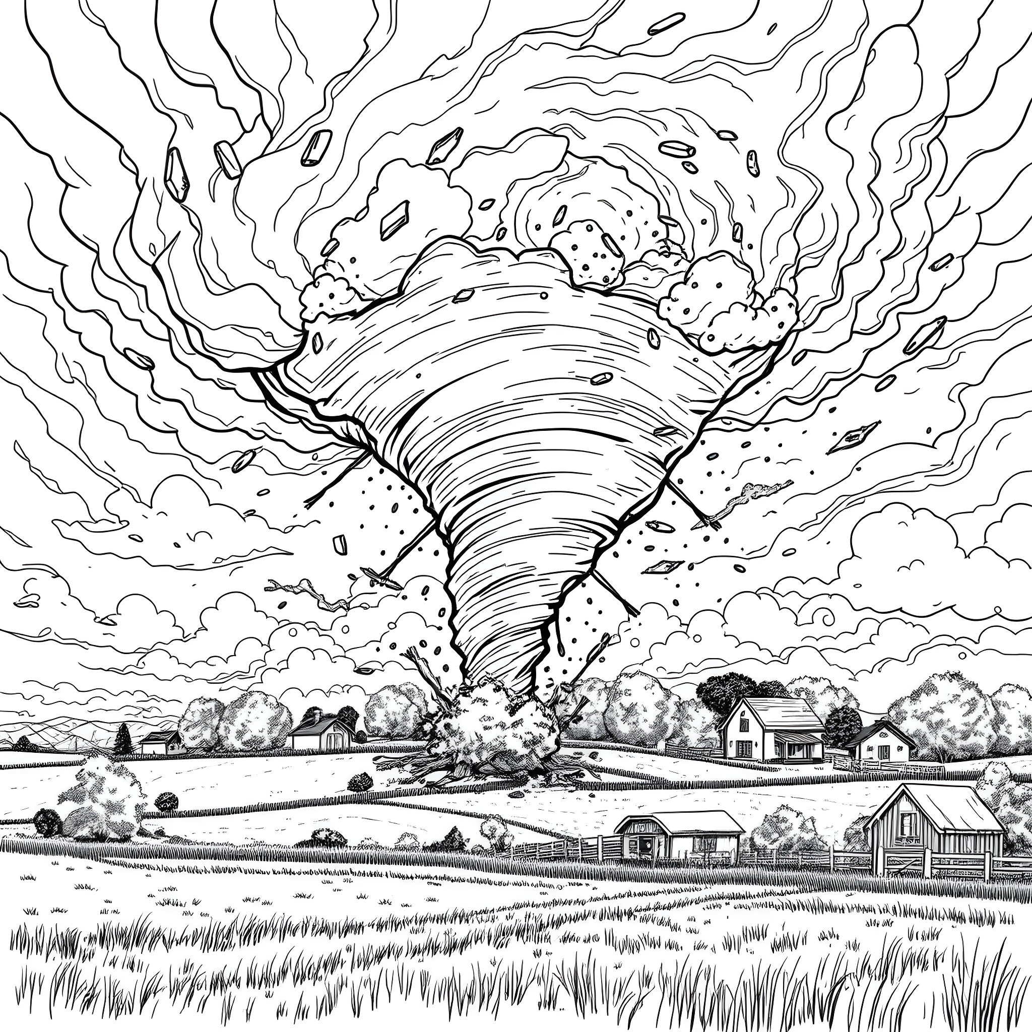 Tornado Ravaging Countryside Landscape Coloring Page (free black-and-white line drawing printable PDF for all, from beginners to advanced learners, including children, teens, adults, and seniors)