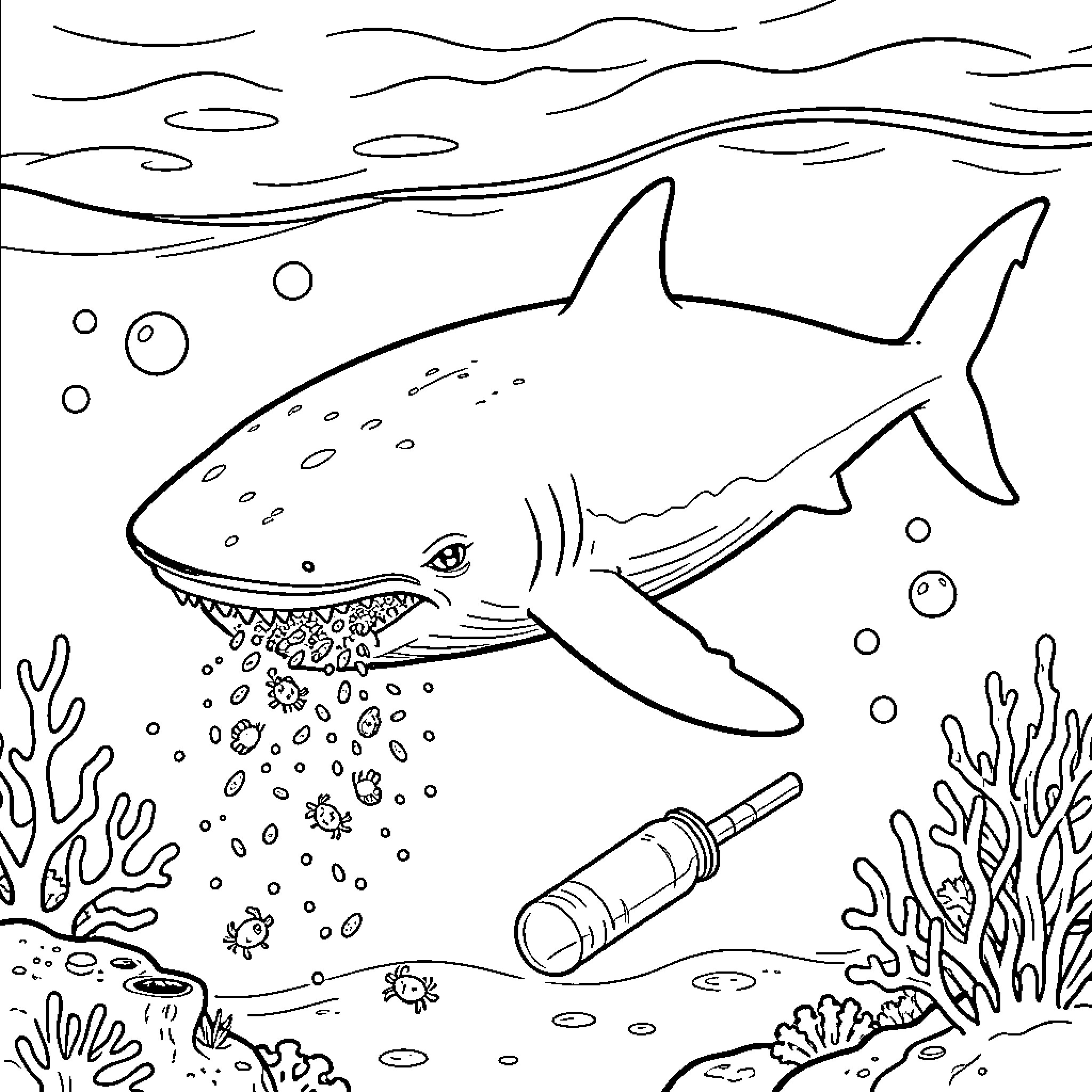 Tiburón Ballena exploring underwater landscape Coloring Page (free black-and-white line drawing printable PDF for all, from beginners to advanced learners, including children, teens, adults, and seniors)