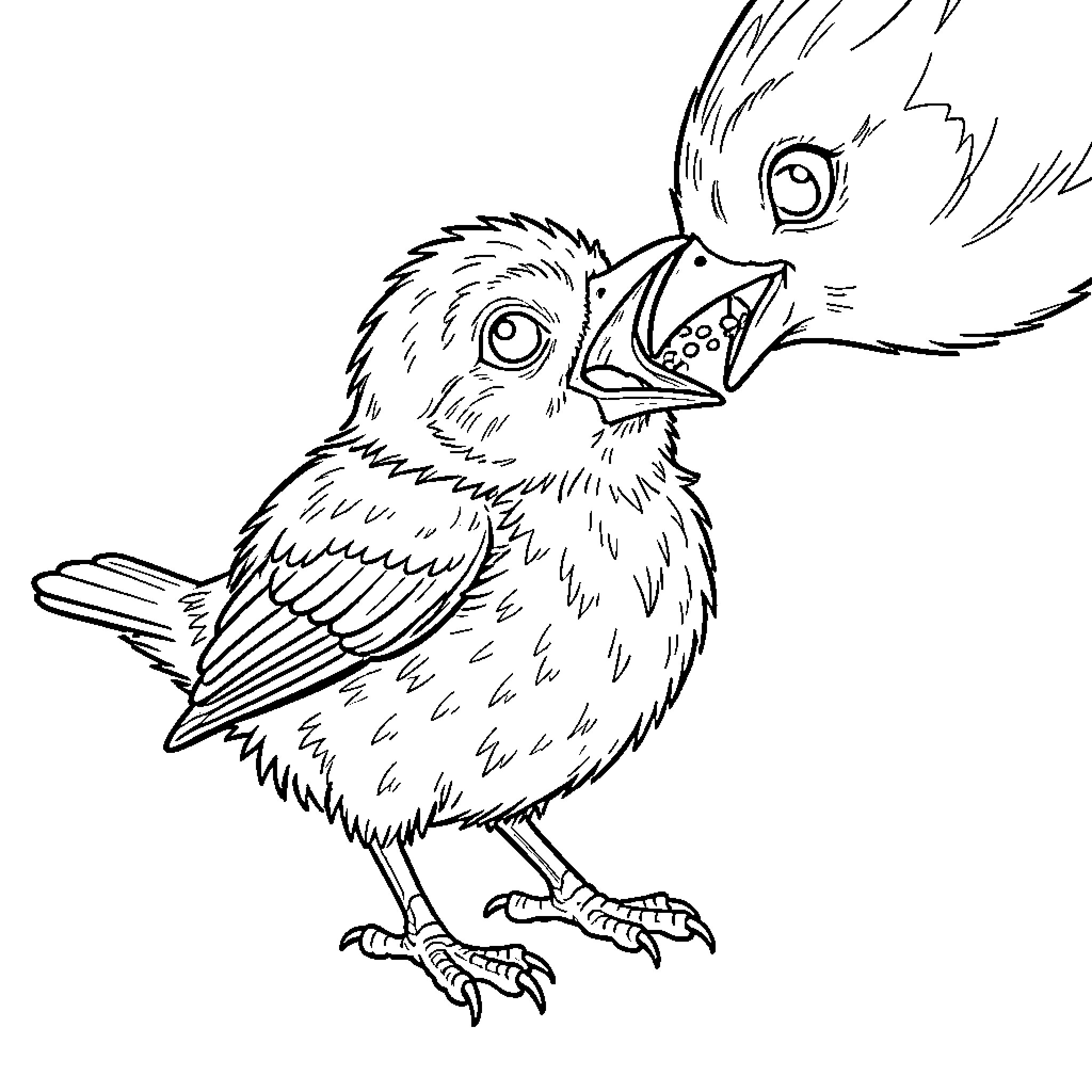 Bird chicks engaging in playful interaction Coloring Page (free black-and-white line drawing printable PDF for all, from beginners to advanced learners, including children, teens, adults, and seniors)