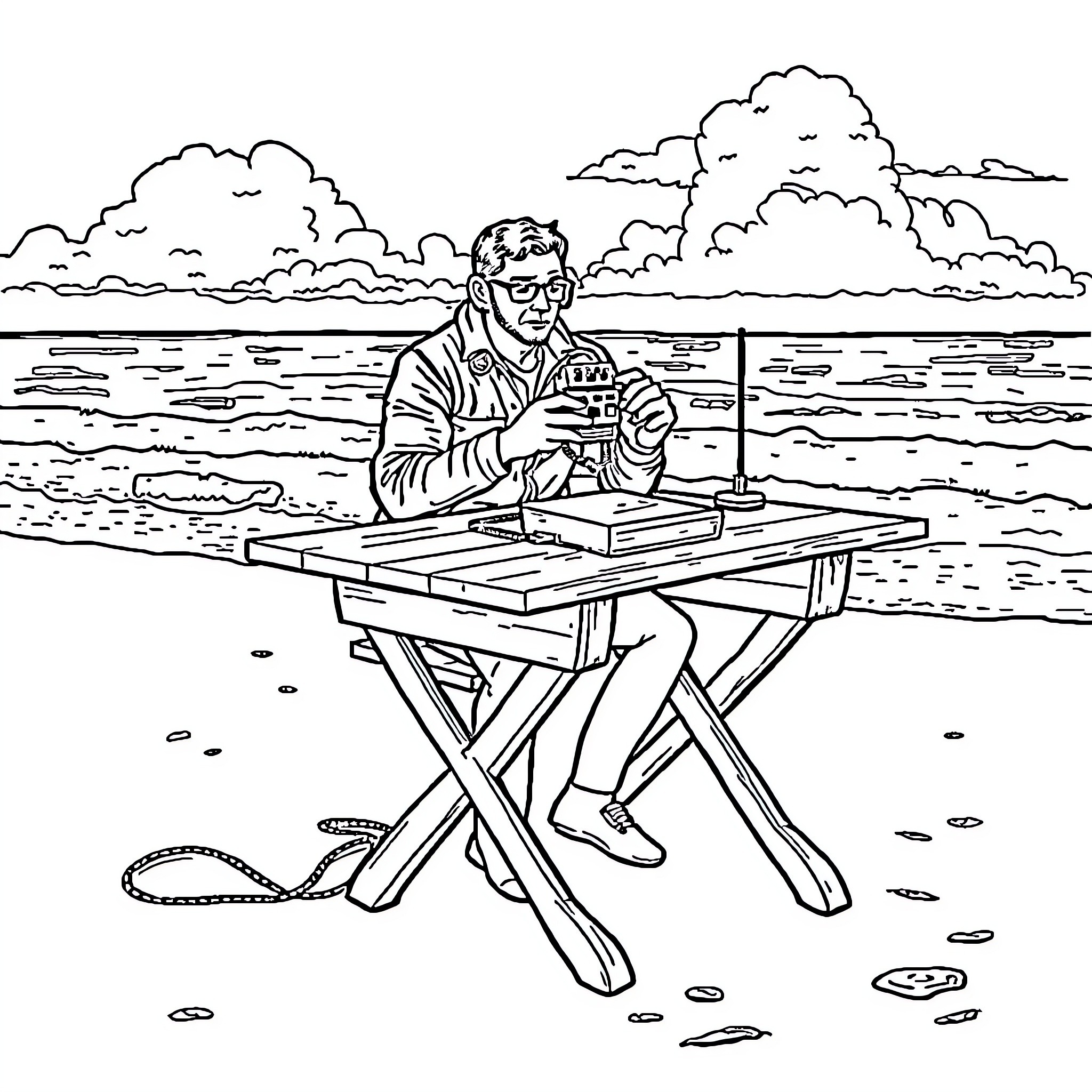 Ham Radio Operator Communicating from the Outdoors Coloring Page (free black-and-white line drawing printable PDF for all, from beginners to advanced learners, including children, teens, adults, and seniors)
