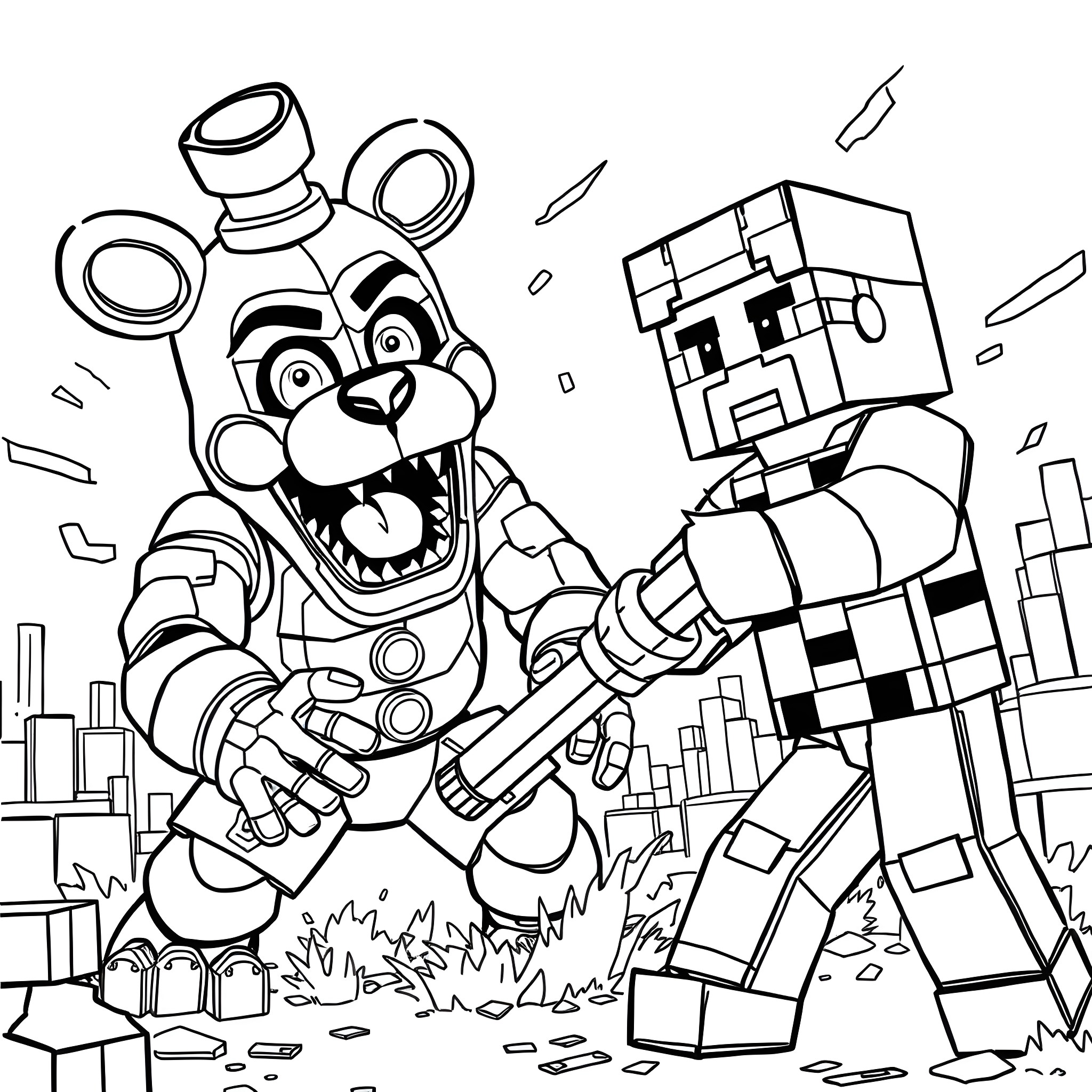 Freddy Fazbear facing off with Withered Bonnie in a city setting Coloring Page (free black-and-white line drawing printable PDF for all, from beginners to advanced learners, including children, teens, adults, and seniors)